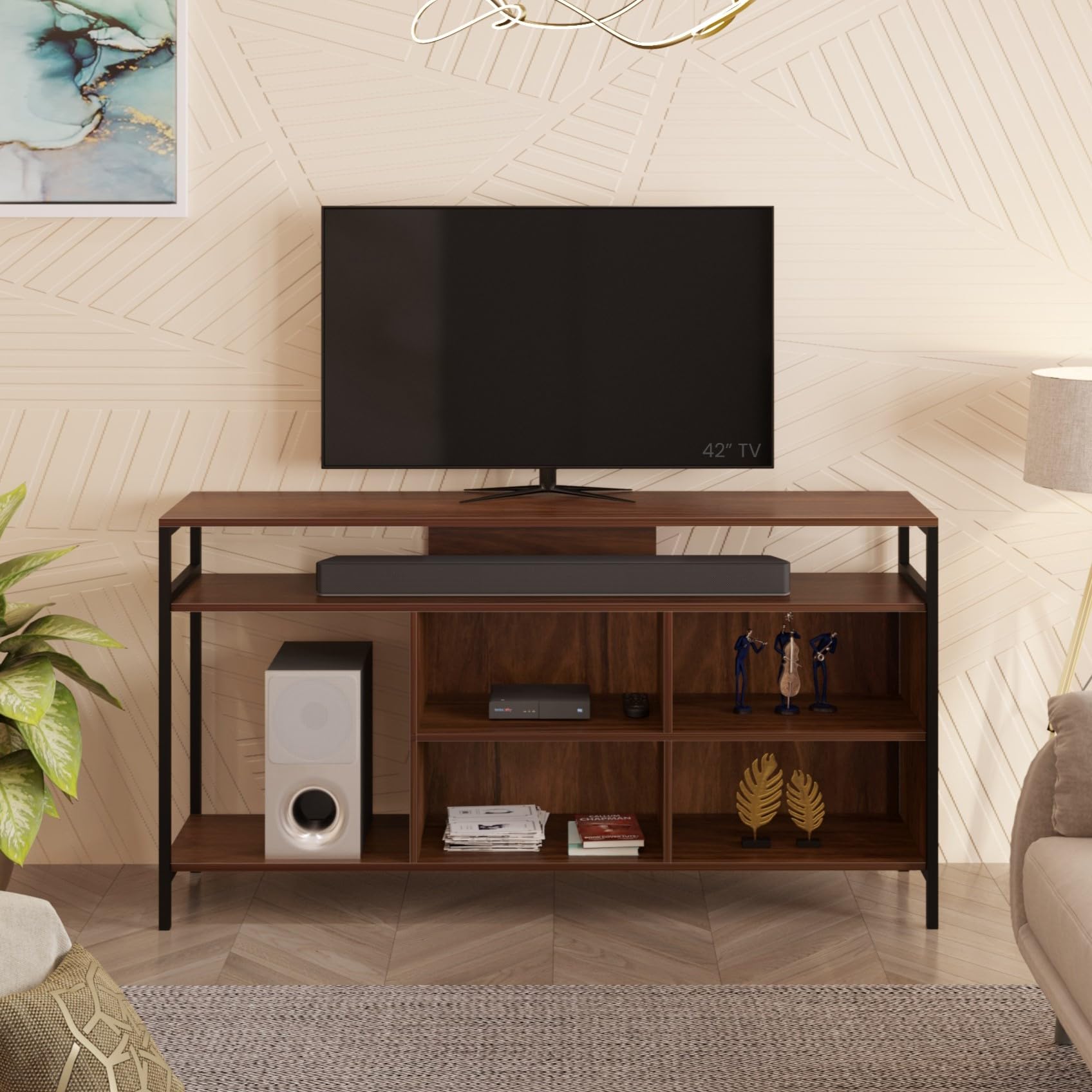 BLUEWUD Duskin Engineering Wood Floor Standing TV Entertainment Unit Set Top Box Stand/TV Cabinet with Shelves for Books & Décor Display Unit Bed Living Room Upto 55 inches (Brown Maple)-image-25