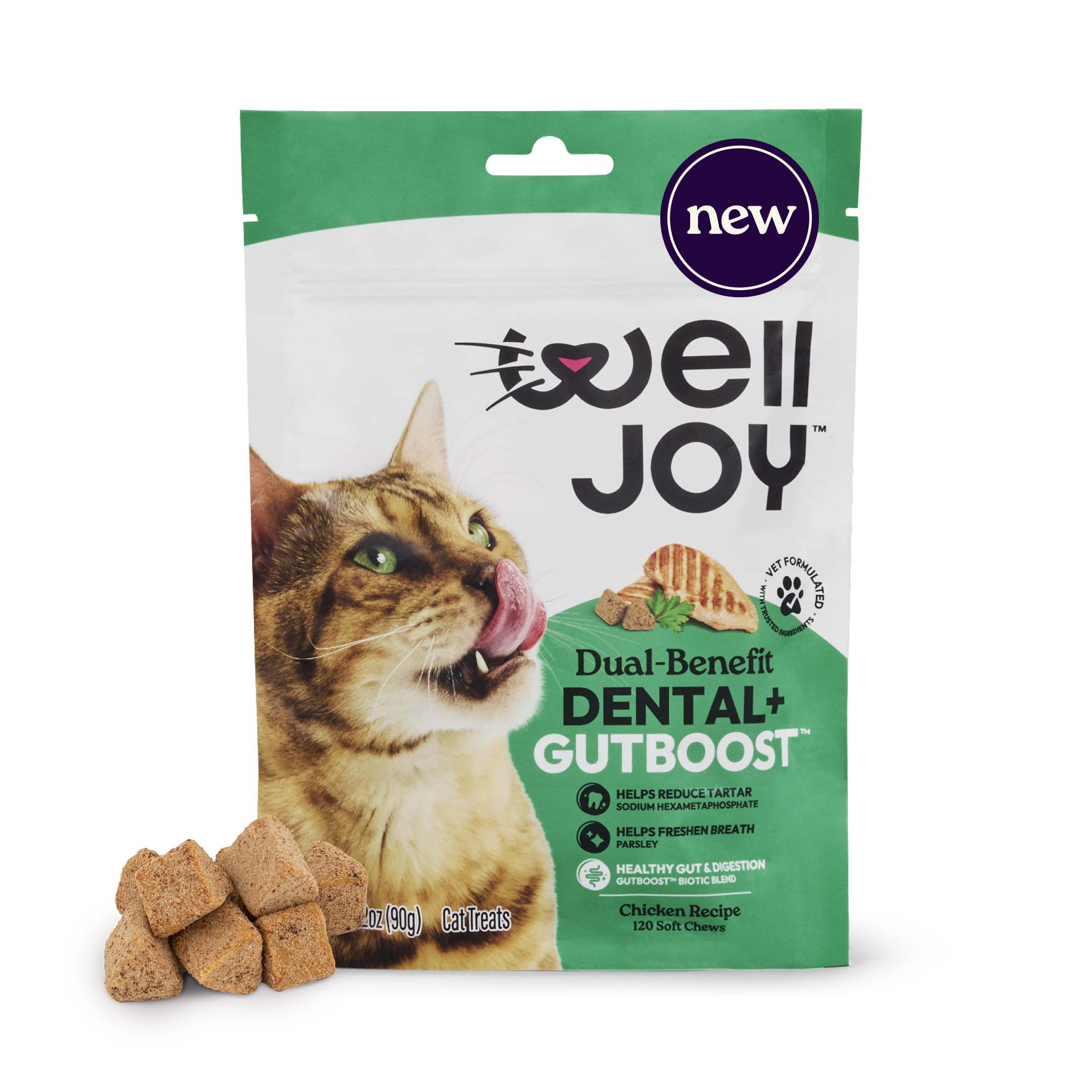 New! WellJoy Cat Treat Dental+ GutBoost | Helps Reduce Tartar | Helps Freshen Breath | Dual-Benefit GutBoost Formulation | Vet Formulated | Made in USA | Made with Real Chicken | 120 Soft Chews