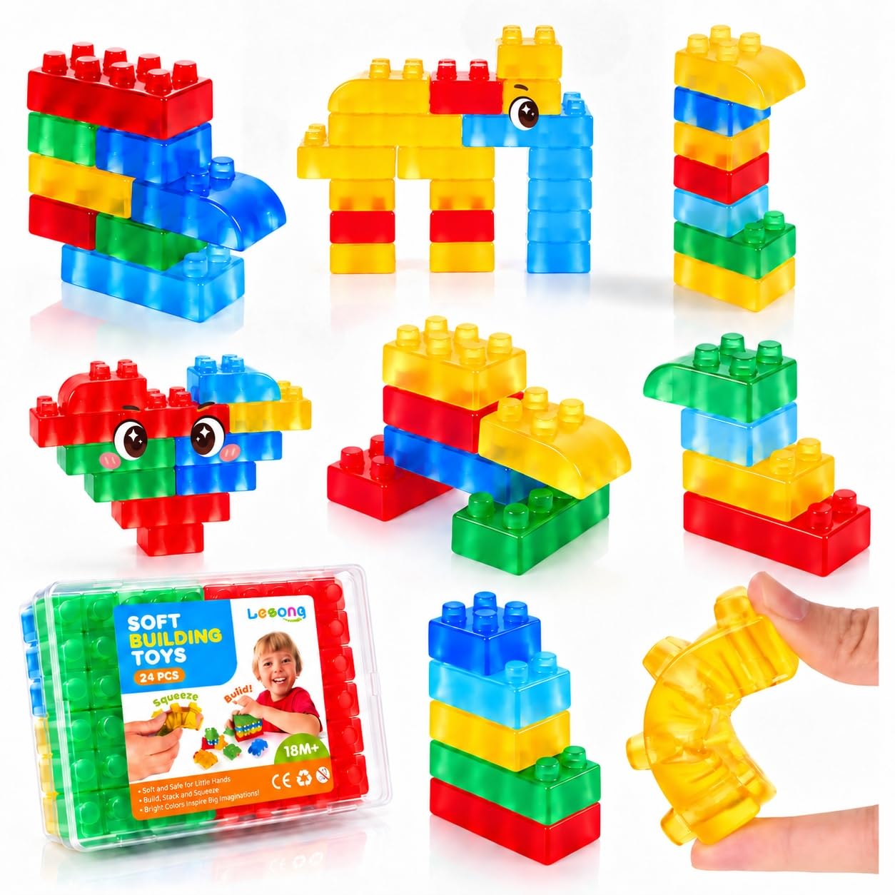 LESONG Sensory Building Toys for Toddlers: 24PCS Squeezable Silicone Stacking Toys – Early Learning Construction Playset for Preschool Manual Skills, Birthday Gifts