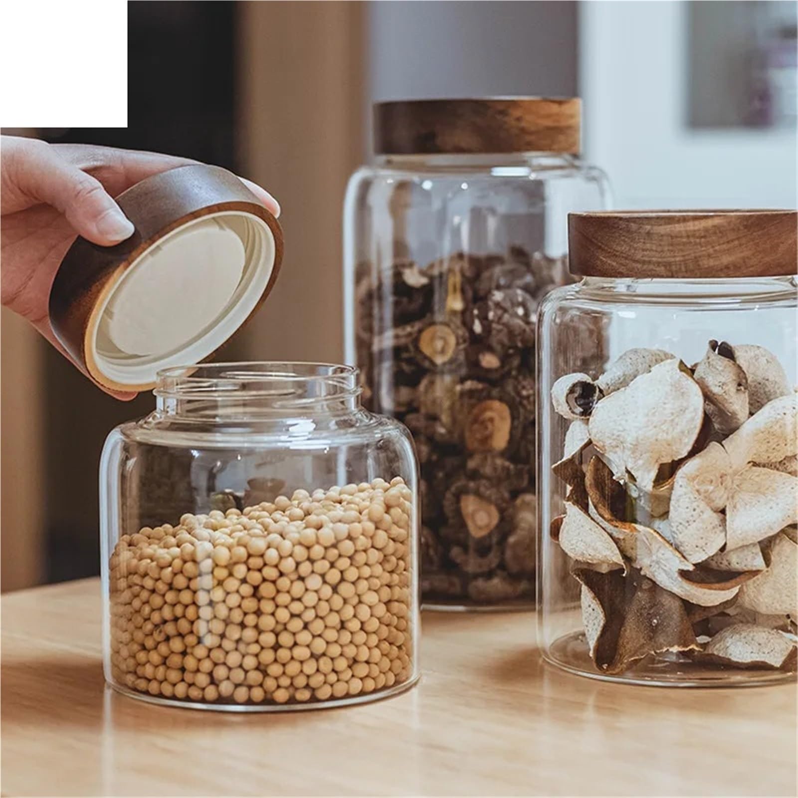 Bonbonglas 1,25/1,95/2,5/3,4 L Glas Candy Jar Runde Lebensmittel Lagerung Glas Mit Holz Deckel Küche Kaffee bohnen Kanister Hause Snack Lagerung FüR SüßWaren(1.25L)