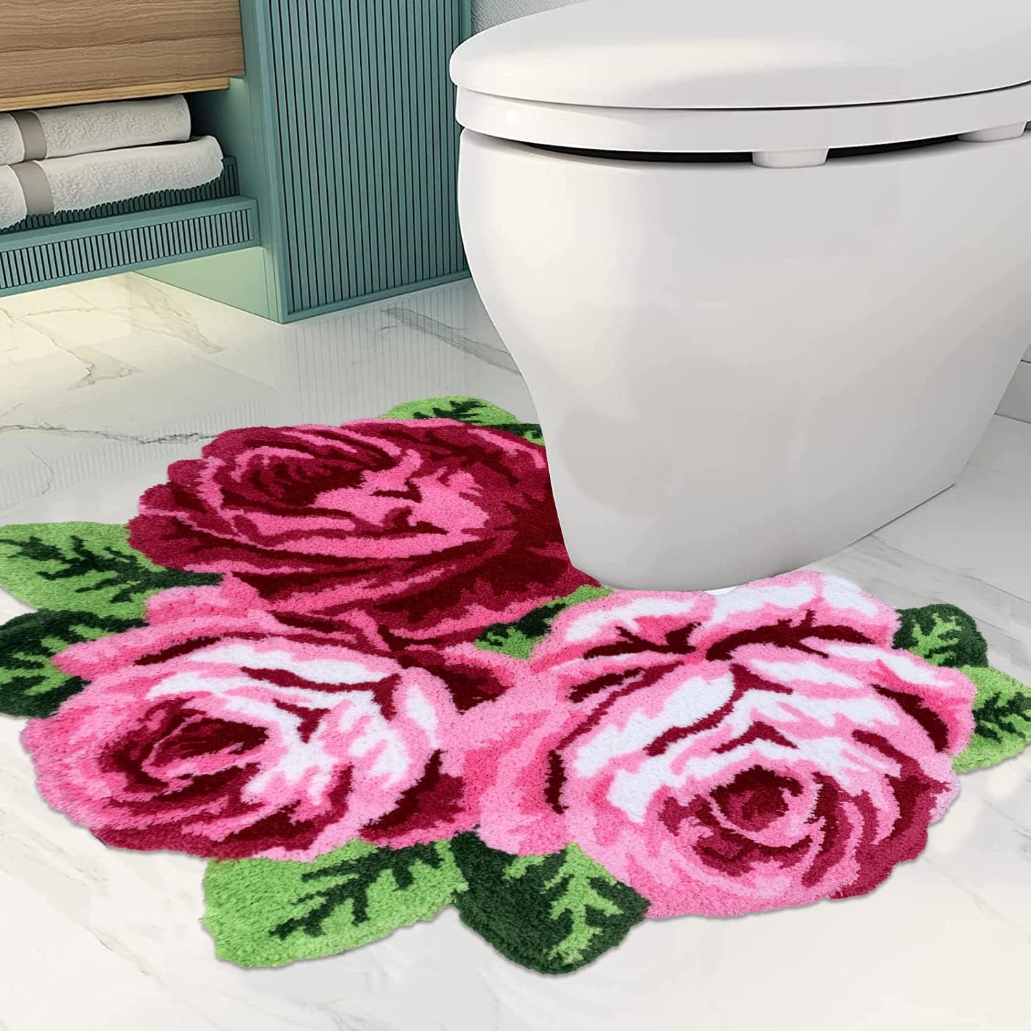 Rose Shaped Rug Bathroom Area Rug Soft Shaggy Microfiber Rose Bath Mat Water Absorbent Plush Fuzzy Bath Carpet U-Shaped Toilet Mat Machine Washable Non Slip Bath Rug, Pink