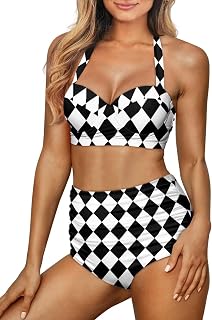 Women Vintage Two Piece Swimwear, High Waisted Tummy Control Halter Top with Bottom Bathing Suit Bikini Set