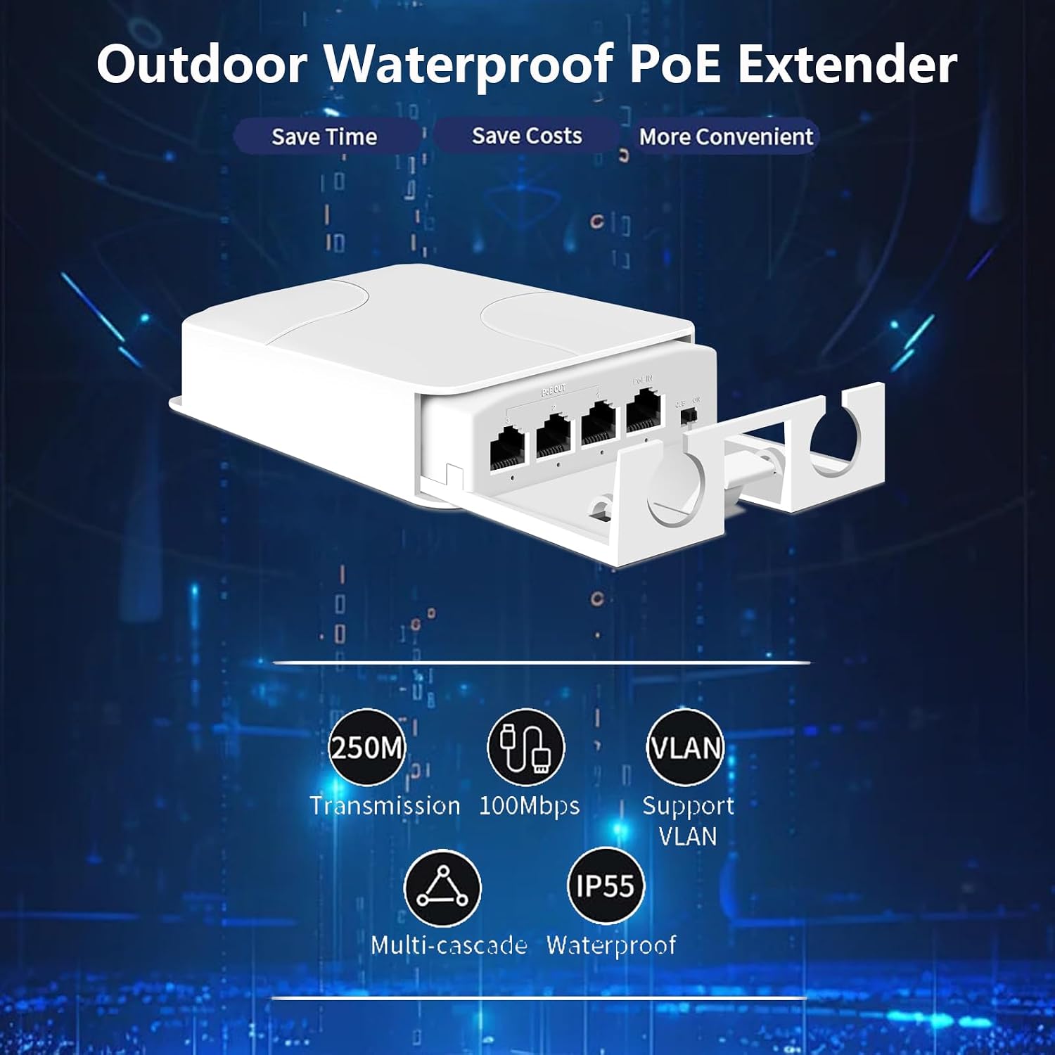 4 Port Outdoor PoE Extender 1 in 3 Out-IEEE 802.3af/at, 30W in 24W Out Waterproof PoE Repeater with 10/100Mbps, Vlan & Extend to 250m, PD Auto-Detection, Wall Mount Plug & Play