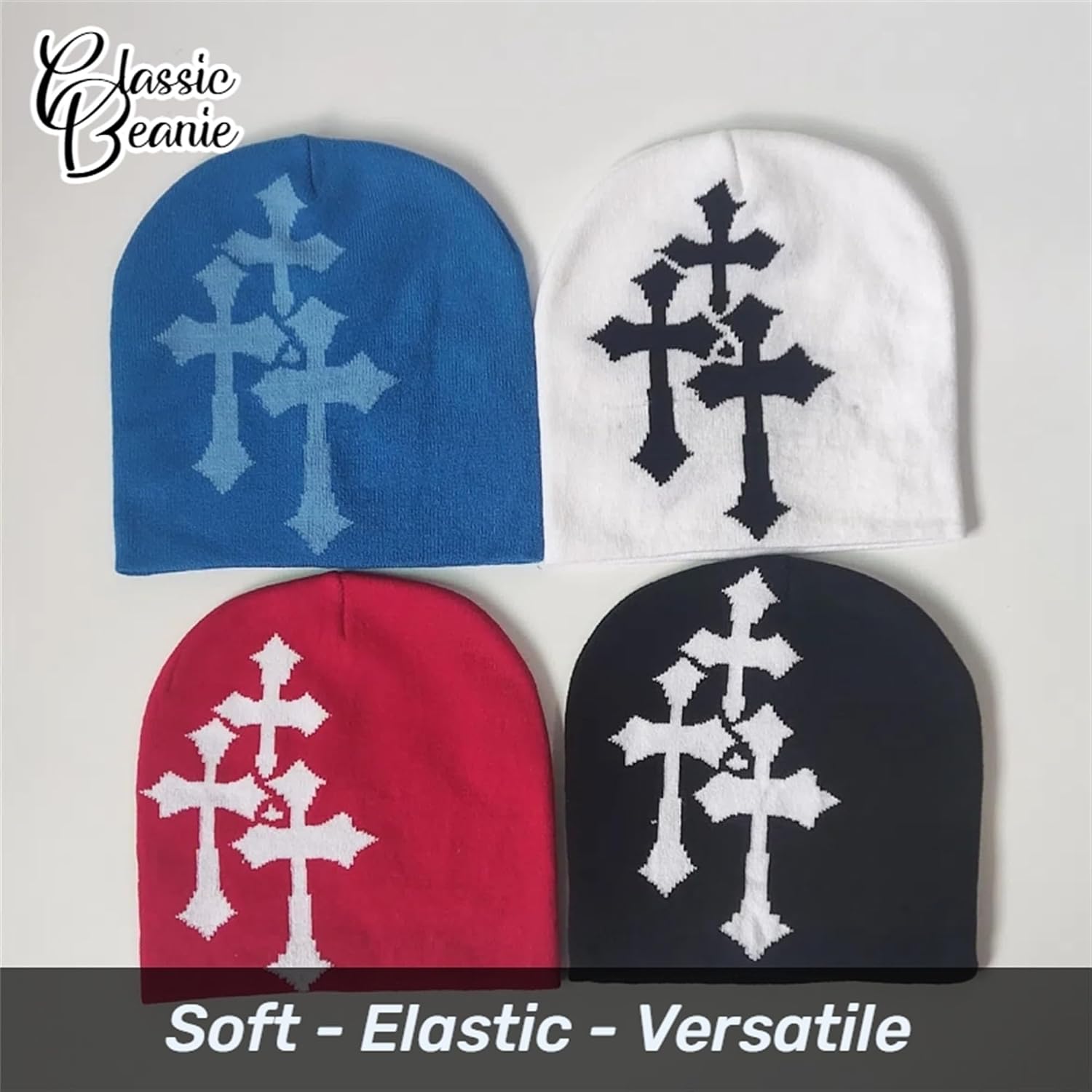 Fashion Knit Beanie with Cross Pattern Y2K Unisex Soft Jacquard Cap Popular Hip-Hop Cool Street Outdoor Sports Earflap Hat