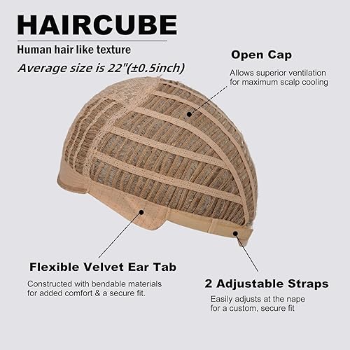 Miniatura 6 de HAIRCUBE Peluca de cabello humano con textura de rubio claro mezclado con blanco roto corto Pixie Cut para mujer con flequillo sintético de repuesto