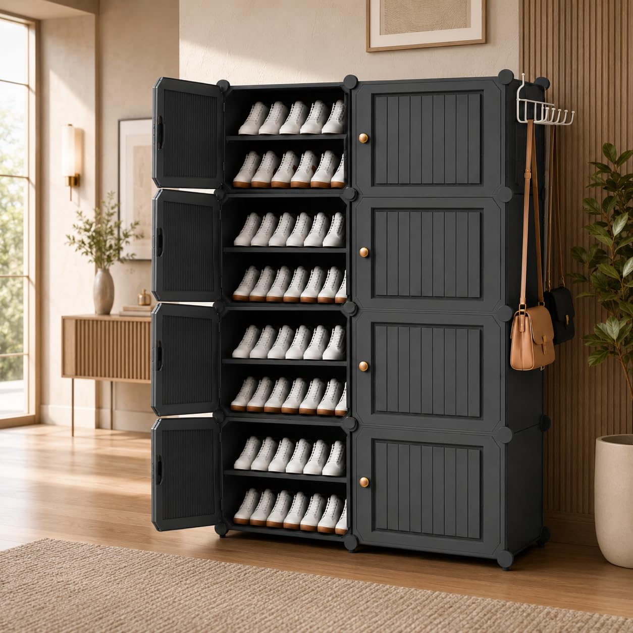 Mevigo Plastic Shoe Rack for Home with Door | 16-Tier Stackable Shoe Organizer | Holds 32 Pairs |Waterproof & Dustproof | DIY Modular Shoe Cabinet |Chappal Slipper Stand for Bedroom-Grey-HB2