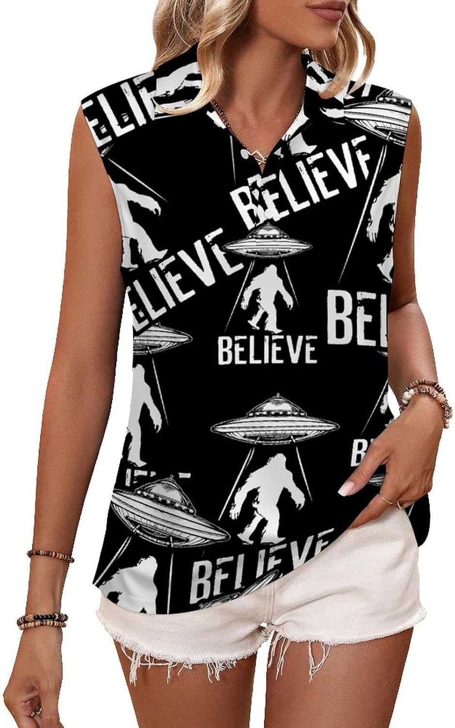 Funny Bigfoots-UFO Women's Golf Shirt Sleeveless Polo Shirts Tank Tops Blouses Tennis T-Shirts Casual
