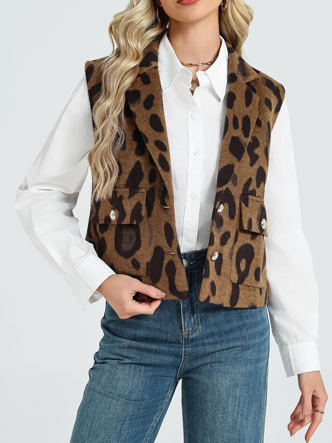 LifeShe Leopard Flannel Vest Women Casual Cheetah Sleeveless Blazer Winter Button Down Jacket with Pockets - Image 3