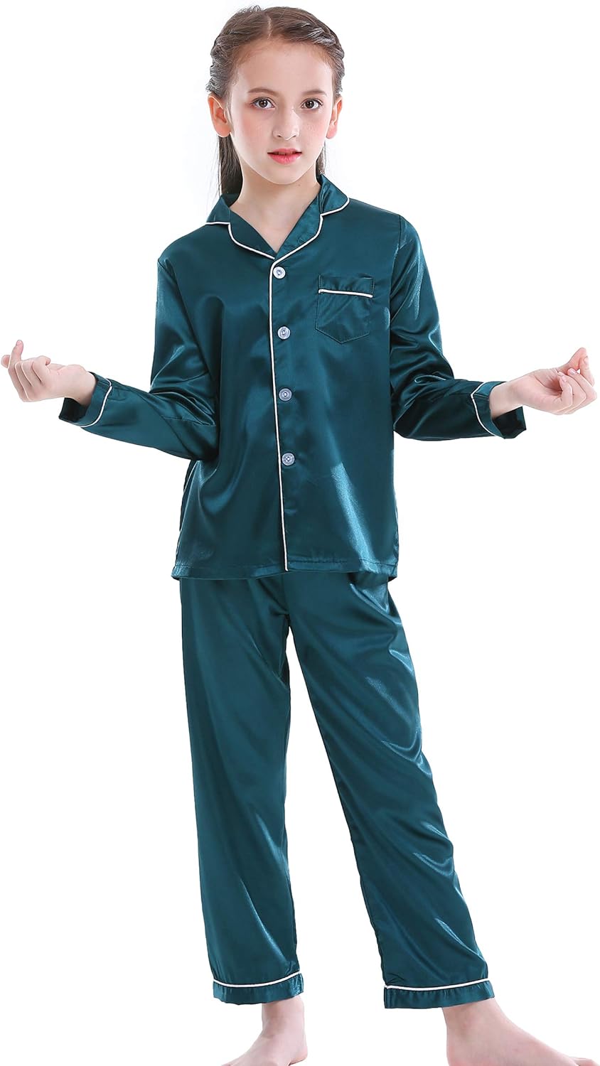 Girls Boys Satin Long Sleeve Button-Down Pajamas Set Sleepwear Loungewear - Image 2