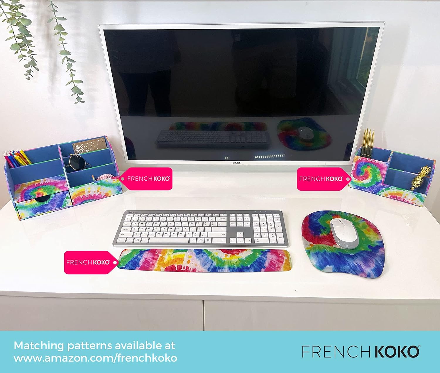 French Koko Keyboard and Mouse Wrist Rest Support Arm Wrist Pad Comfort Gel Memory Foam Desk Home Office School Computer Laptop Cute Comfortable Ergonomic Teen Watercolor Style (Watercolor Rainbow)