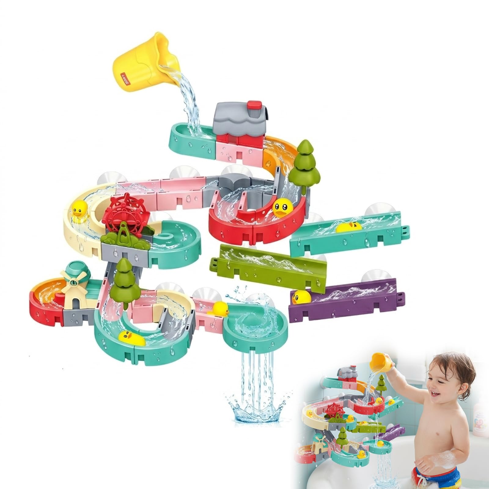 Bath Toys – 62PCS DIY Water Track Ball Game Set with Suction Cups, Shower Watermill Slide Bathtub Toy, Creative Building Track System, Educational Gift for Ages 3-6, Bathroom Wall Play Set