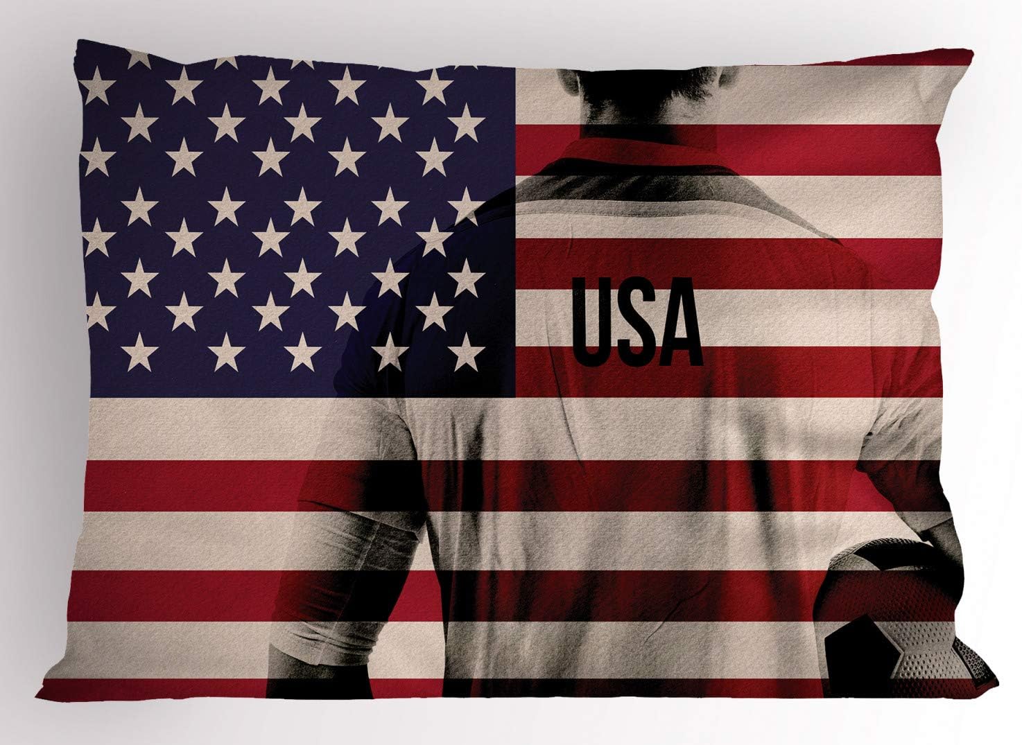 Ambesonne Soccer Pillow Sham Set of 2, Composite Double Exposure Image of a Soccer Player and American Flag USA Run, Quality Microfiber Bedding Item for All Seasons, 26" x 20", Beige Blue Red