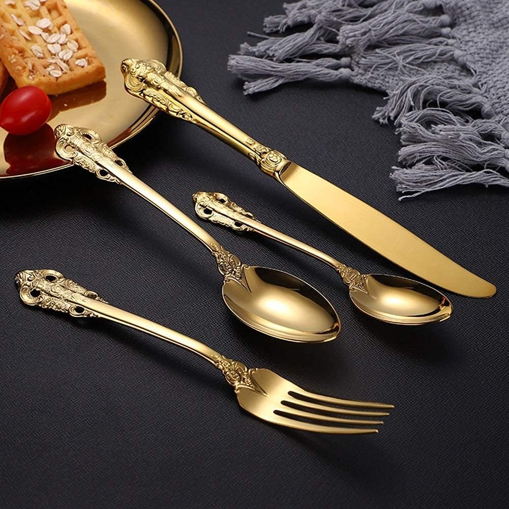 Stainless steel silverware, Elegant Carved Stainless Steel Cutlery Set with Golden Suitcase - Premium Flatware for Weddings, Birthdays, Restaurants, and Hotels(16 piece)