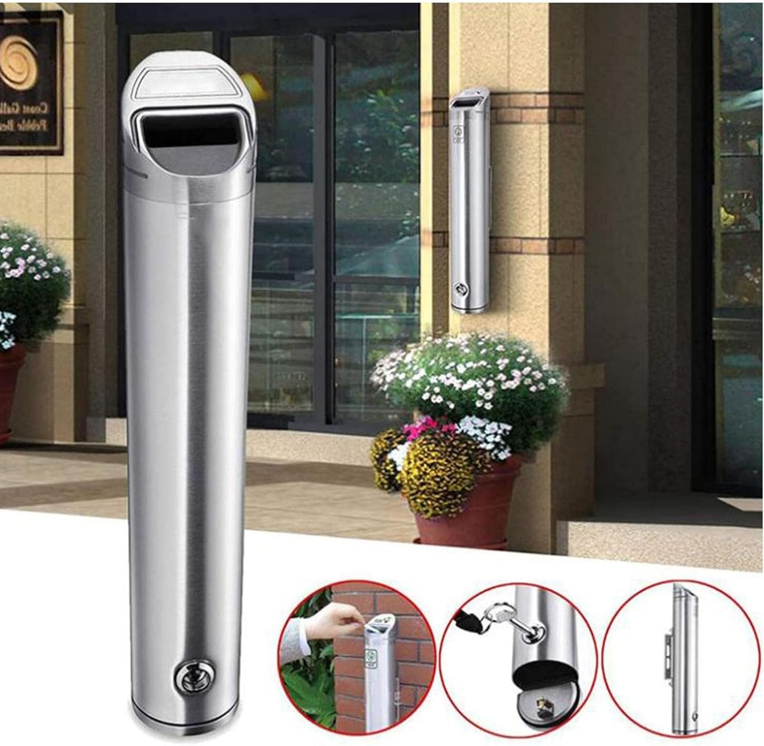Wall Mounted Ashtray Outdoor Cylinder,Stainless Steel Cigarette Butt Receptacle Wall Mounted, Outdoor Cigarette Butt Receptacle, Cigarette Disposal Unit