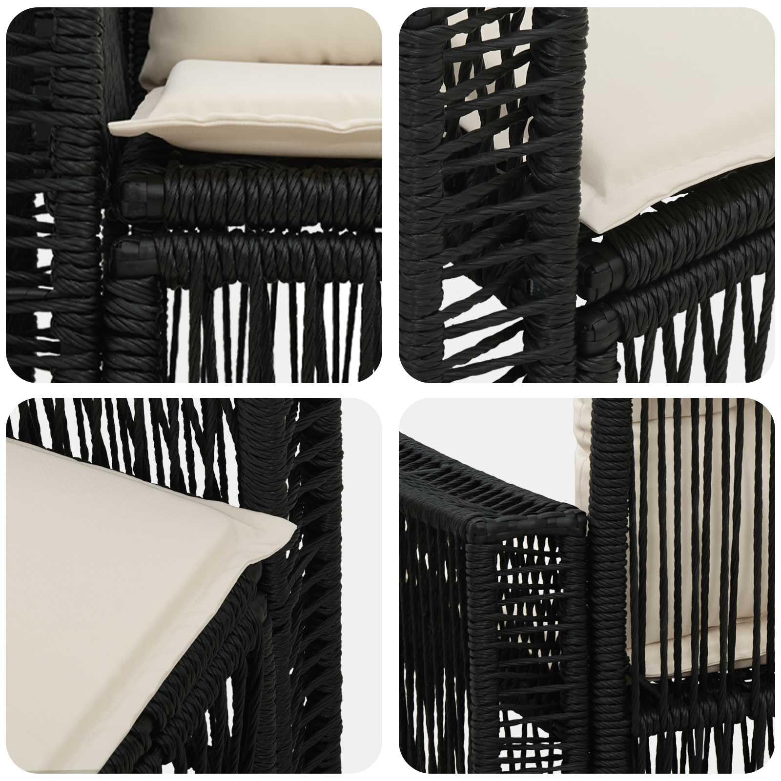 Set Divano da Giardino Modulare 2 Posti in Polyrattan Nero | Salotto modulare a 2 sedute con piedini regolabili per patio e terrazzo. Cuscini sfoderabili e lavabili inclusi.