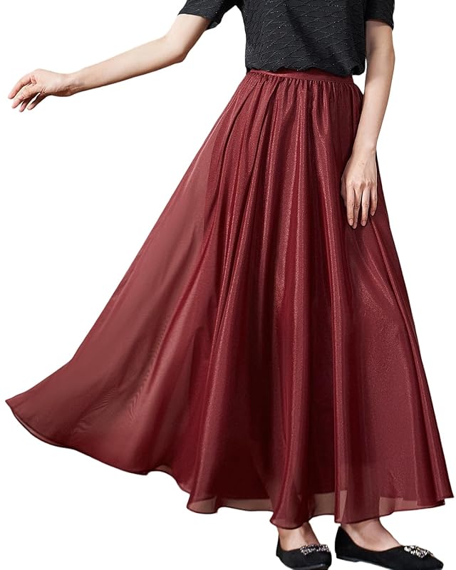 Womens Summer Dress A-Line High Waist Long Flowy Skirts with a Wide-Band Hem