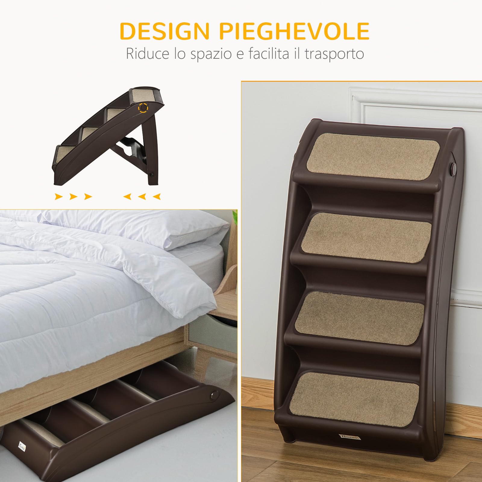PawHut Scaletta per Cani Pieghevole con 4 Gradini Antiscivolo, Scala per Animali Domestici fino 10 kg in PP, 62x38x49.5cm, Marrone Scuro