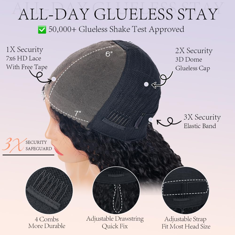 Mamushow 7x6 Water Wave Glueless Wigs Human Hair Pre Plucked Pre Cut 250% Density Lace Front Wigs Human Hair with Drawstring Wear and Go 7x6 HD Lace Closure Wig for Black Women Natural Black 34Inch