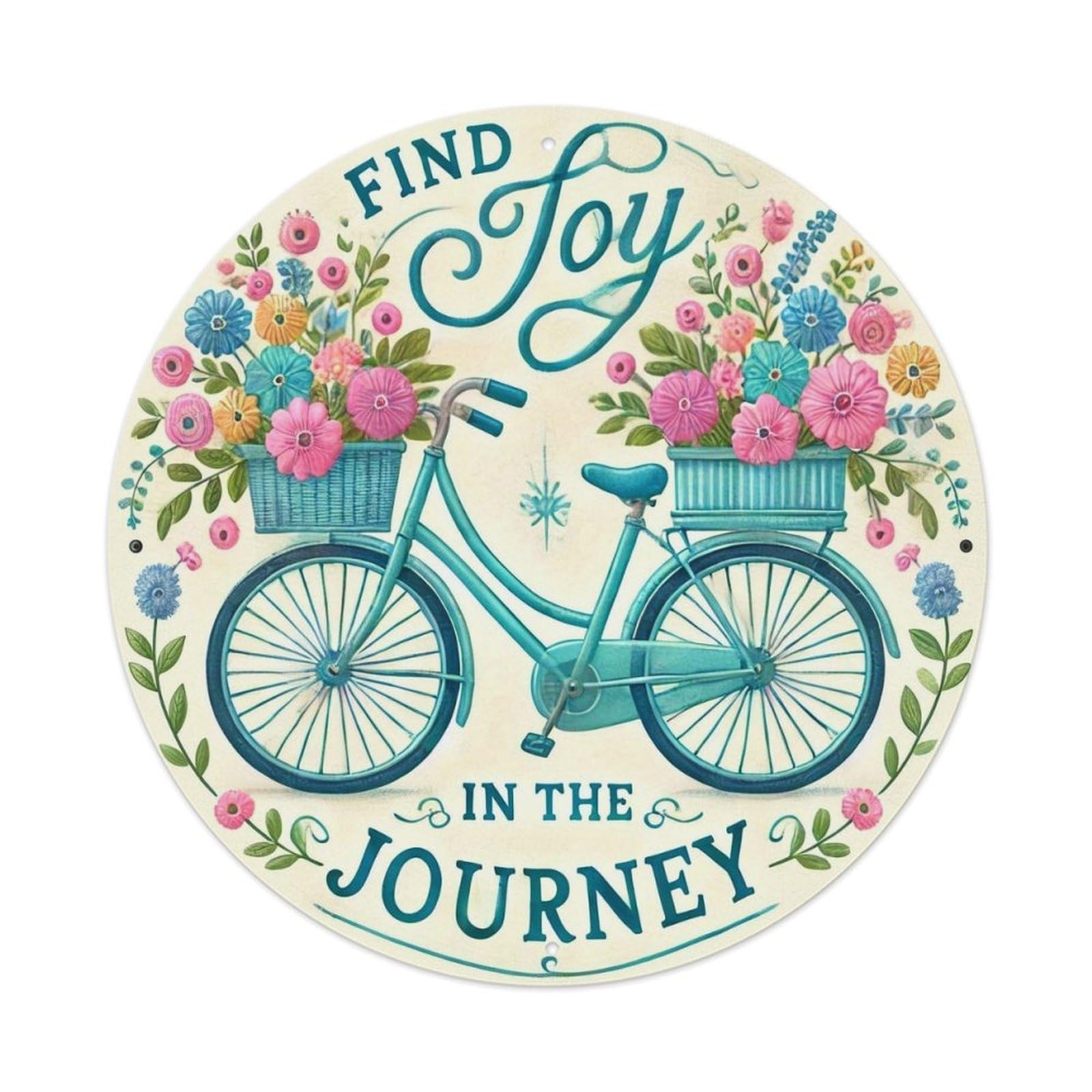 Floral Bicycle With Baskets Retro Metal Sign Round Tin Sign, Vintage Decor Art Poster for Bar, Home, Man Cave, Kitchen, Laundry Room Gift 8x8Inch