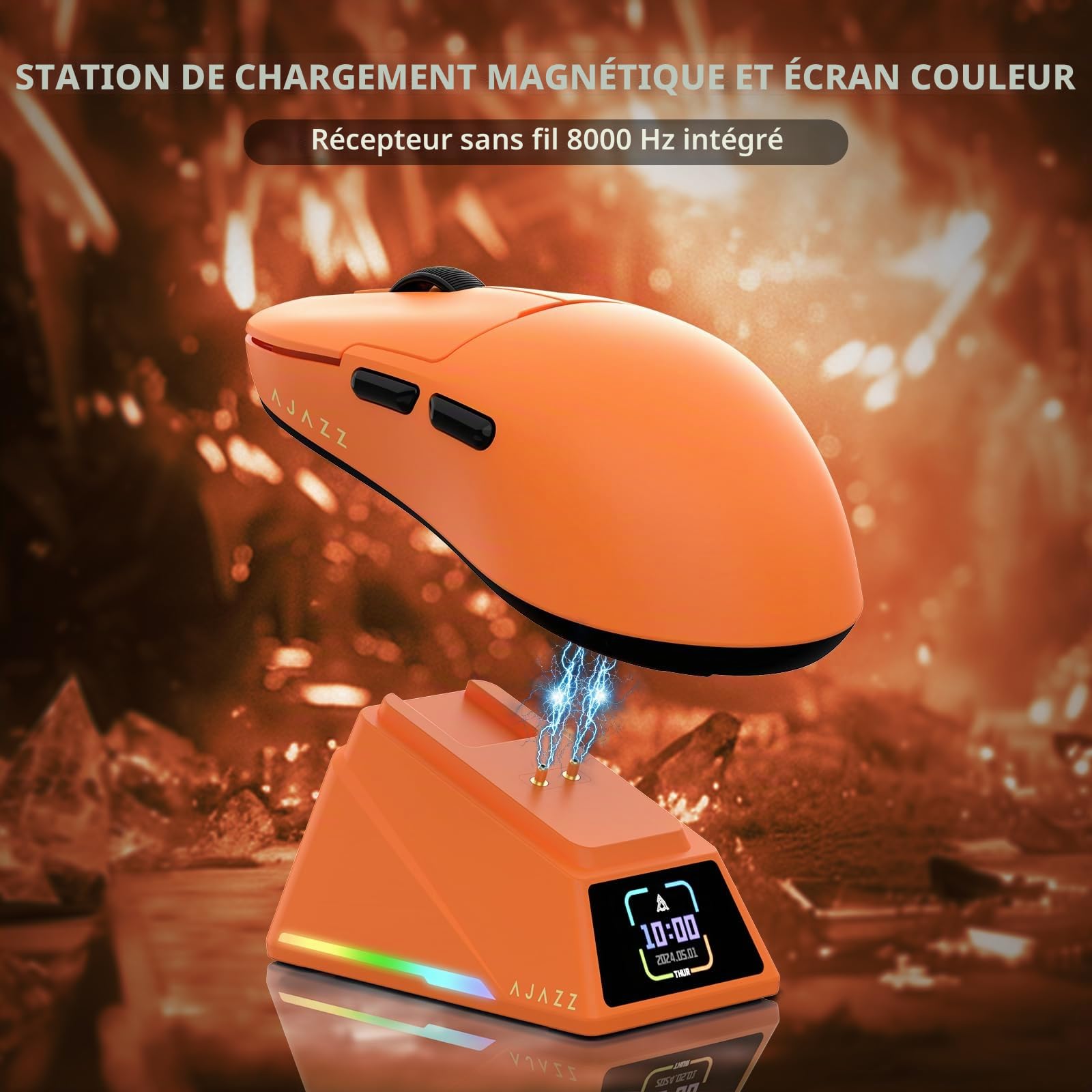 ATTACK SHARK Ajazz AJ159APEX PAW3950 Souris de Jeu sans Fil, 42K DPI, 8K Hz Wireless Polling Rate, Station de Charge Magnétique RVB avec écran Couleur, 56g Superlight, 2,4G/BT/Filaire, PC/Mac, Orange