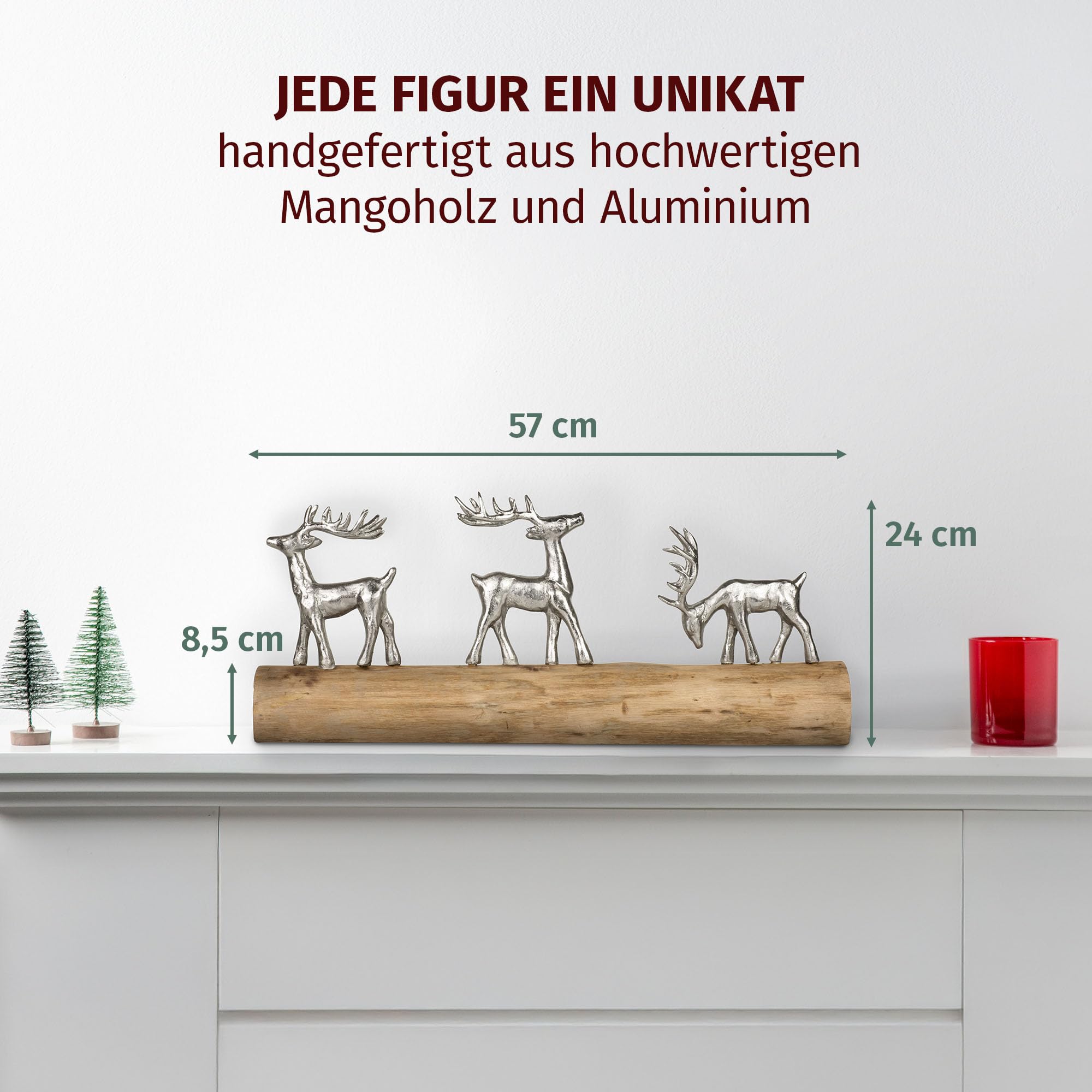 Moritz Weihnachtsdeko Rentiere auf Holzstamm 57 cm handgefertigte Figur aus Aluminium und Mangoholz mit DREI silbernen Hirschen winterliche Dekoration für Fensterbank, Kamin oder Kommode