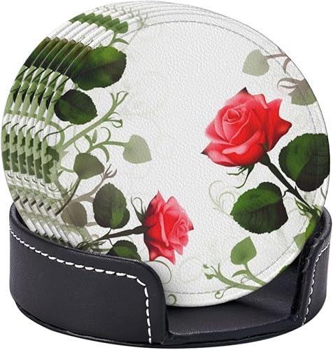 Miniatura 6 de Juego de 6 posavasos con estampado floral de hiedra rosa con hojas, resistentes al calor, para bebidas, con soporte para automóvil, adecuados