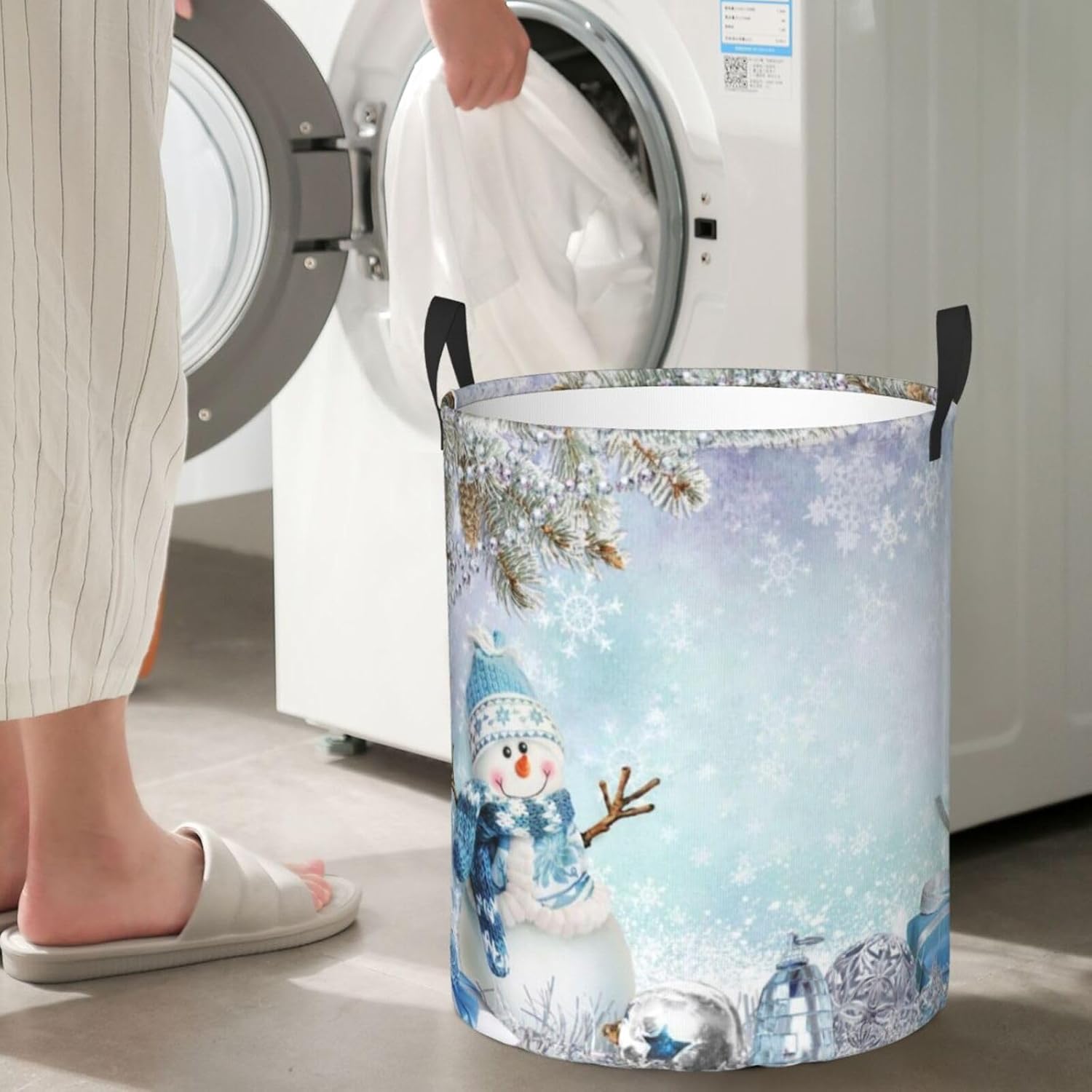 Cute Christmas Winter Snowman Laundry Hamper with Durable Handle Waterproof Foldable Laundry Basket Round Storage Basket Dirty Clothes Organizer for Nursery Bedroom Bathroom College