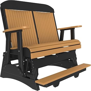 4 Classic Poly Slat Back Balcony Glider with Built-in Footrest, Seats Up to 2, Loveseat for Two - Amish Made in USA Cedar & Black