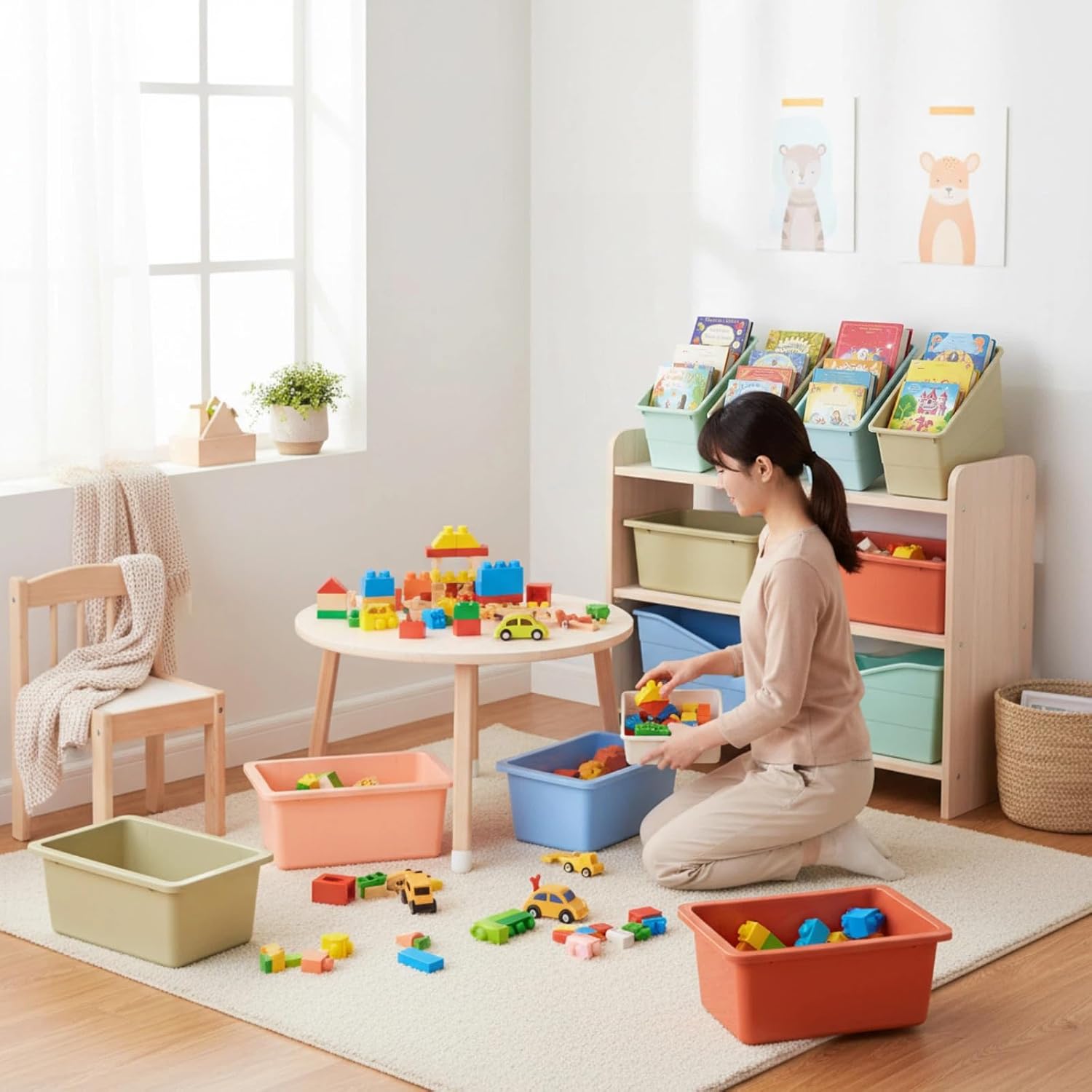 Harloon 24 Pcs Durable Book and Binder Holder and Cubby Bin Storage Bins Vertical Book Organizer Plastic Storage Container with 1 Pack Labels for Home Office Organization(Morandi Colors)