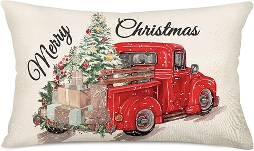 Funda de cojín decorativa de algodón y lino con diseño de camión rojo con árbol de Navidad, regalo de Feliz Navidad, 12 x 20 pulgadas, diseño de disponible en Yaxa Peru