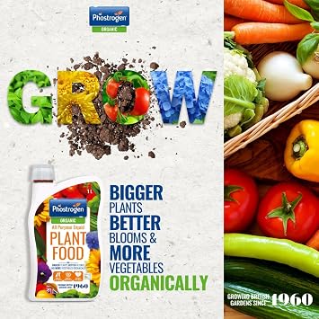 Phostrogen Organic All Purpose Liquid Plant Food, 1L - All Purpose Organic Fertiliser - Enriched with Seaweed Extract for Healthy Growth - More Vegetables, Brighter Blooms - Plant Nutrition