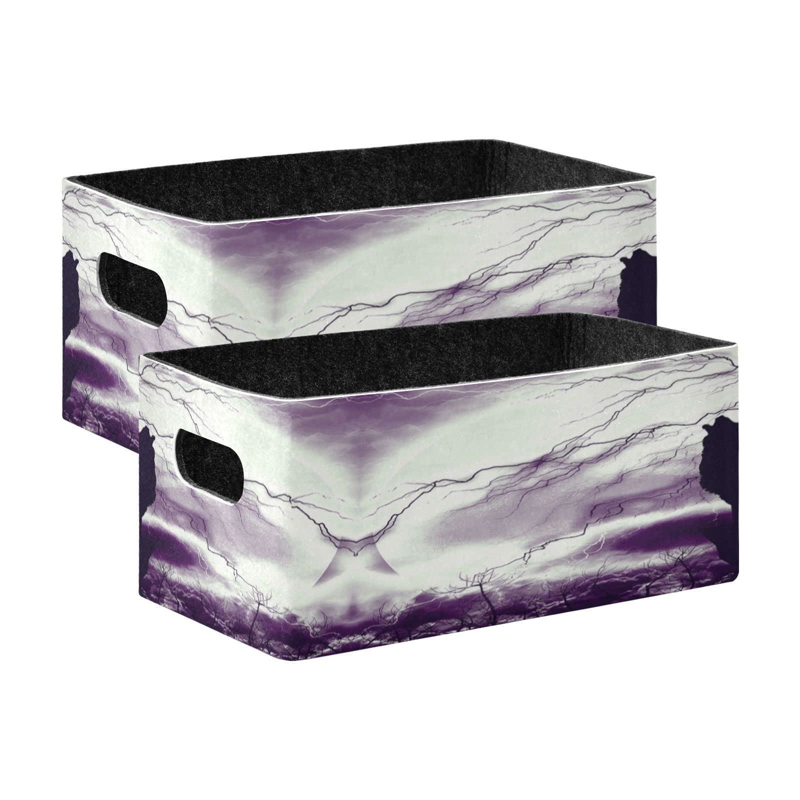 Oyihfvs Wolf Howling in Thunderstorm 2 PCs Rectangle Foldable Felt Storage Bin, Collapsible Cube with Handles Thick Fabric Box Organizer Clothes Supplies for Home