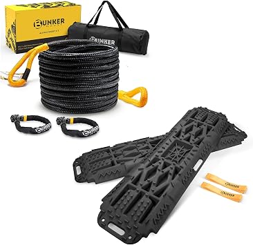 BUNKER INDUST Offroad Traction Boards with Jack Lift Base + 1"30ft Kinetic Recovery Rope with 2 Soft Shackles Kit