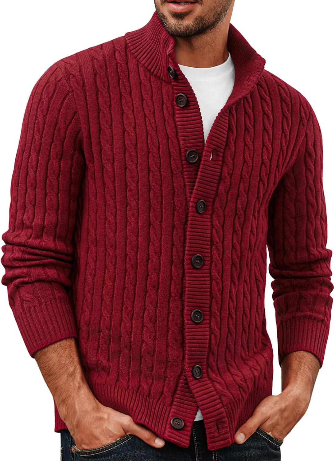 PJ PAUL JONES Mens Cardigan Sweater Button Up Stand Collar Sweater Knit Textured Sweaters