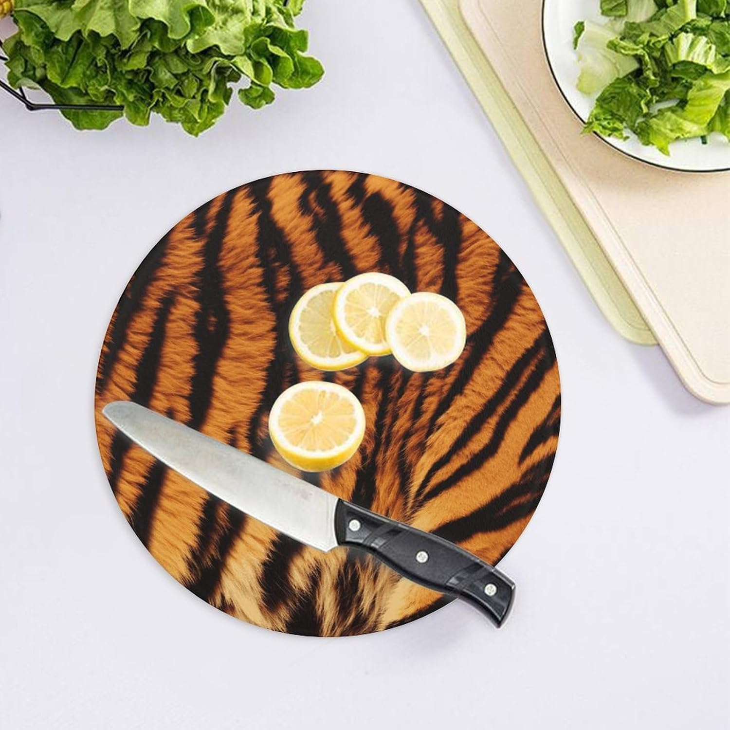 Tiger Striped Pattern Chopping Block Tempered Glass Cutting Board Mats Round Countertop Cutting Boards Small Charcuterie Boards Bar Cheese Board Snack Tray