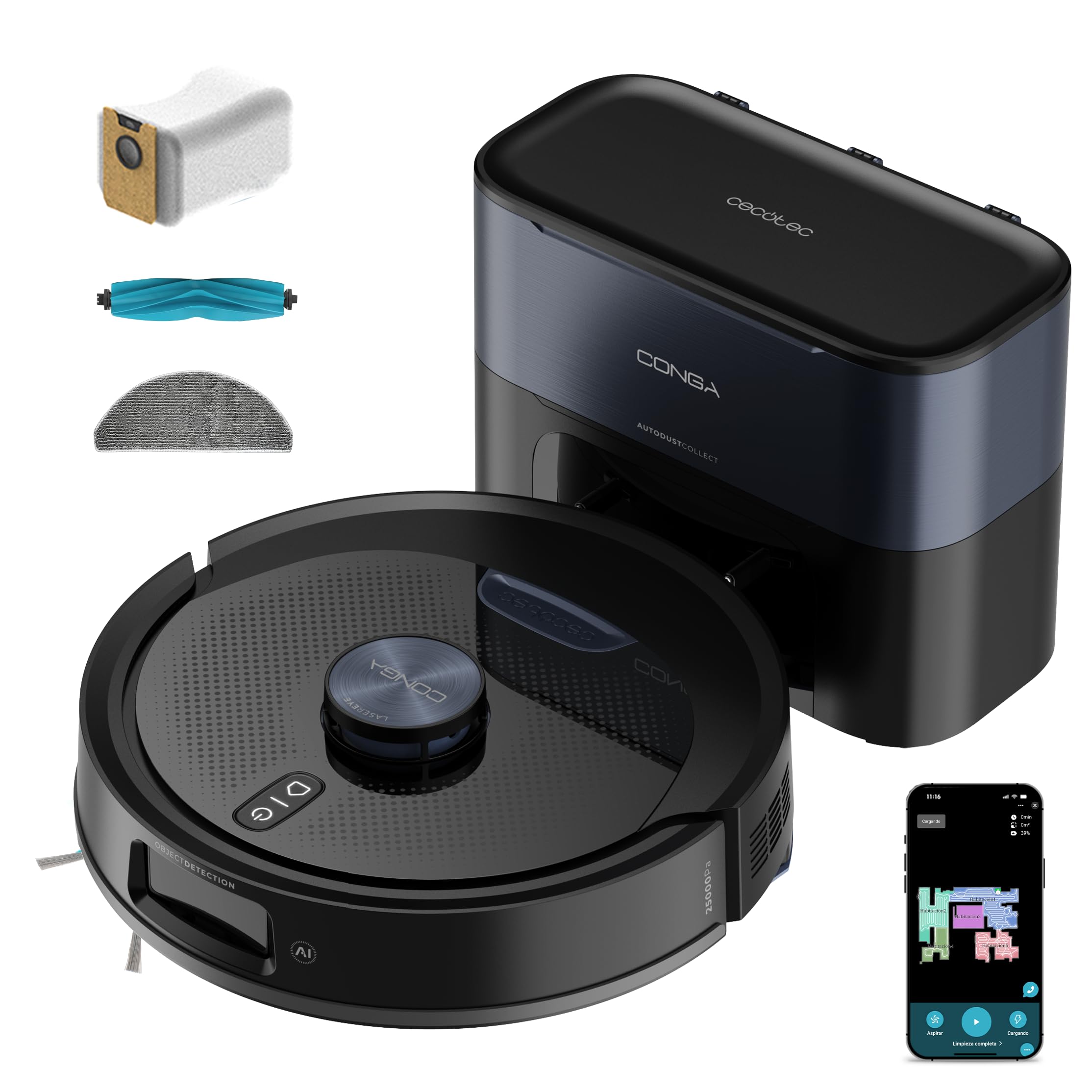 Cecotec Robot Aspirapolvere e Lavapavimenti Base Autosvuotamento Conga Y90 Dark. Navigazione Laser, 25000Pa, Auton. 240min, Spazzola Silicone Pet, Sacco 3L, Bluetooth WiFi, App, Pulizia Senza Pensieri