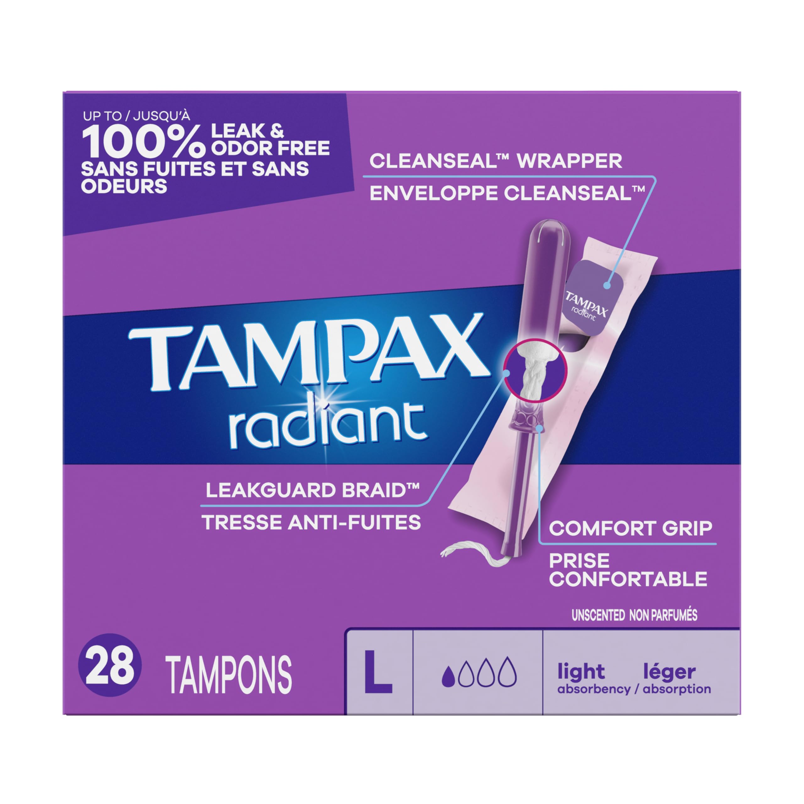 Tampax Radiant Tampons Light Absorbency with BPA-Free Plastic Applicator and LeakGuard Braid, Unscented, 28 Count