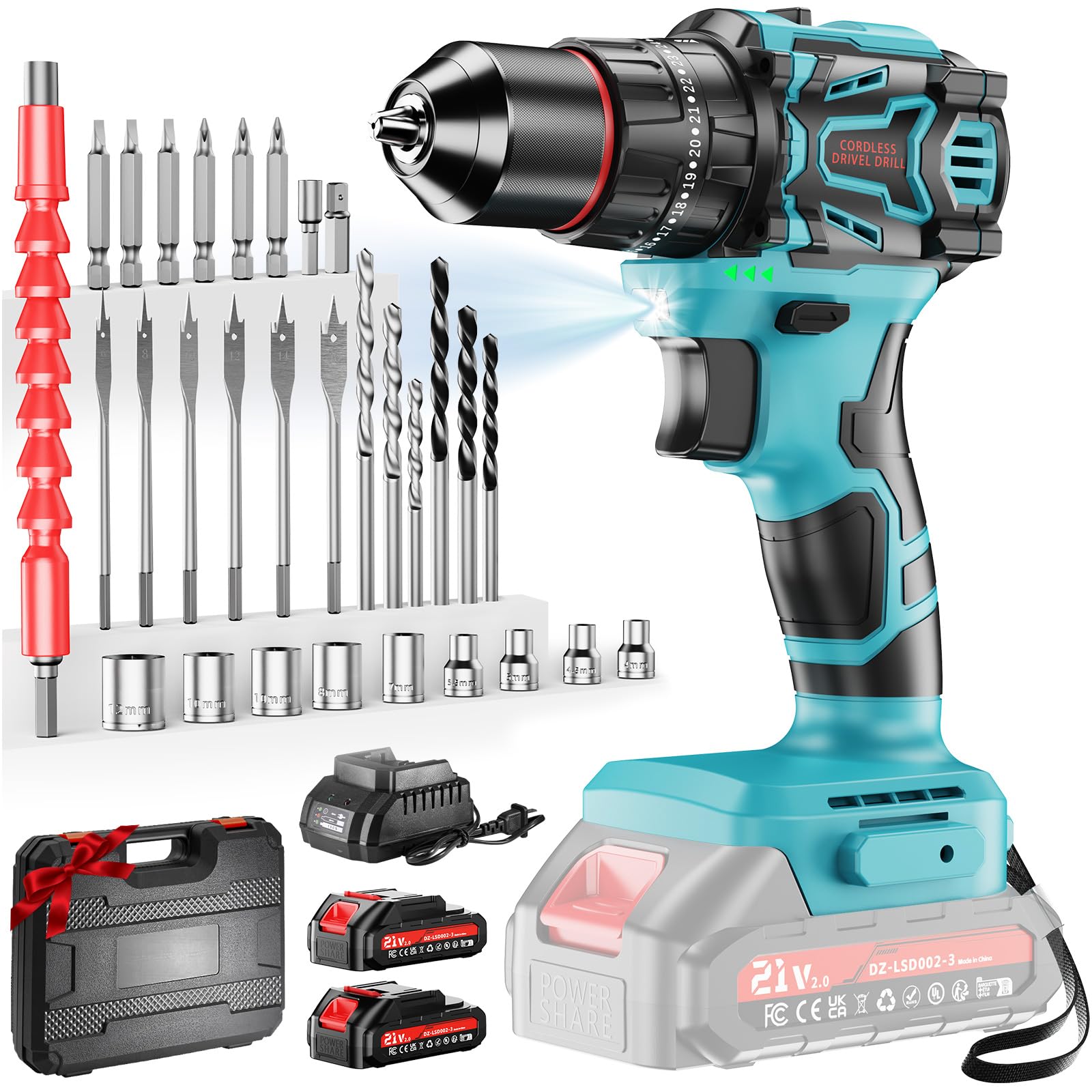 Trapano Avvitatore a Batteria 21V, 2 Batterie 2,0 Ah | 70 Nm Max, 25+3 Livelli di Coppia, 2 Velocità, Luce LED, Mandrino 10 mm