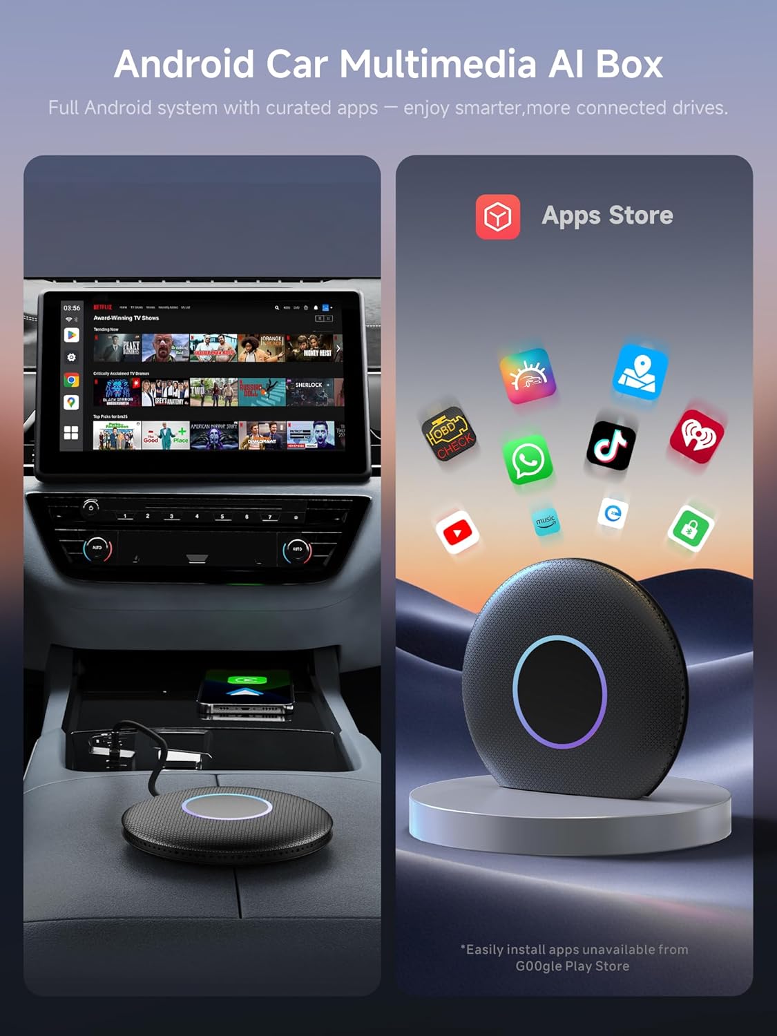 Magic Box CarPlay & Wireless Android Auto Adapter, Full Android OS, Built-in 4G LTE, AI Box Adapter, Plug & Play, Drivechat with AI Skills, WiFi, Bluetooth, Fits for OEM Wired CarPlay Cars