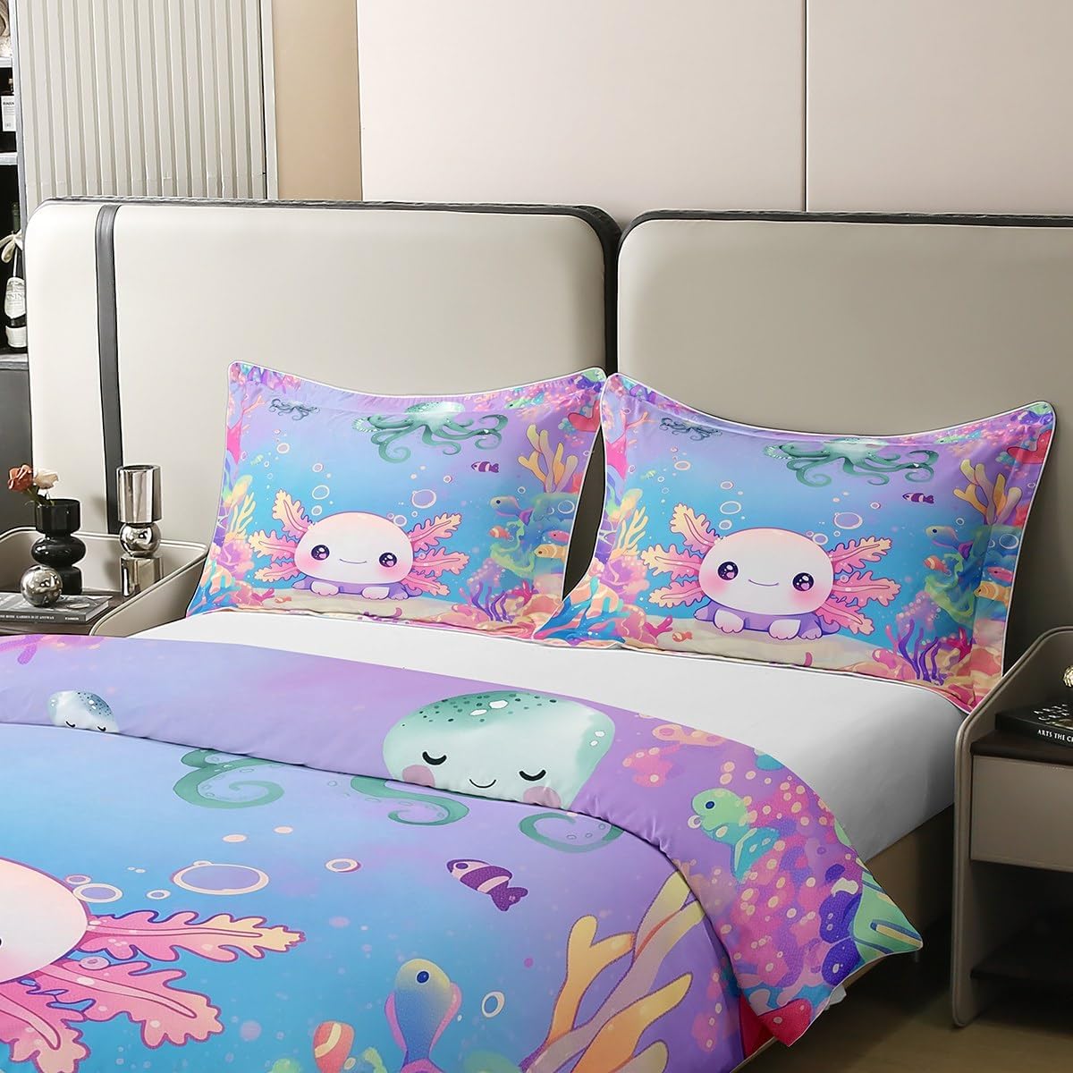 jejeloiu Kawaii Axolotl 100% Cotton Duvet Cover Set Twin Size for Kids Boys Girls Teens Ocean Sealife Axolotl Bedding Set Cartoon Salamander Comforter Cover Bedroom Decor Bedclothes