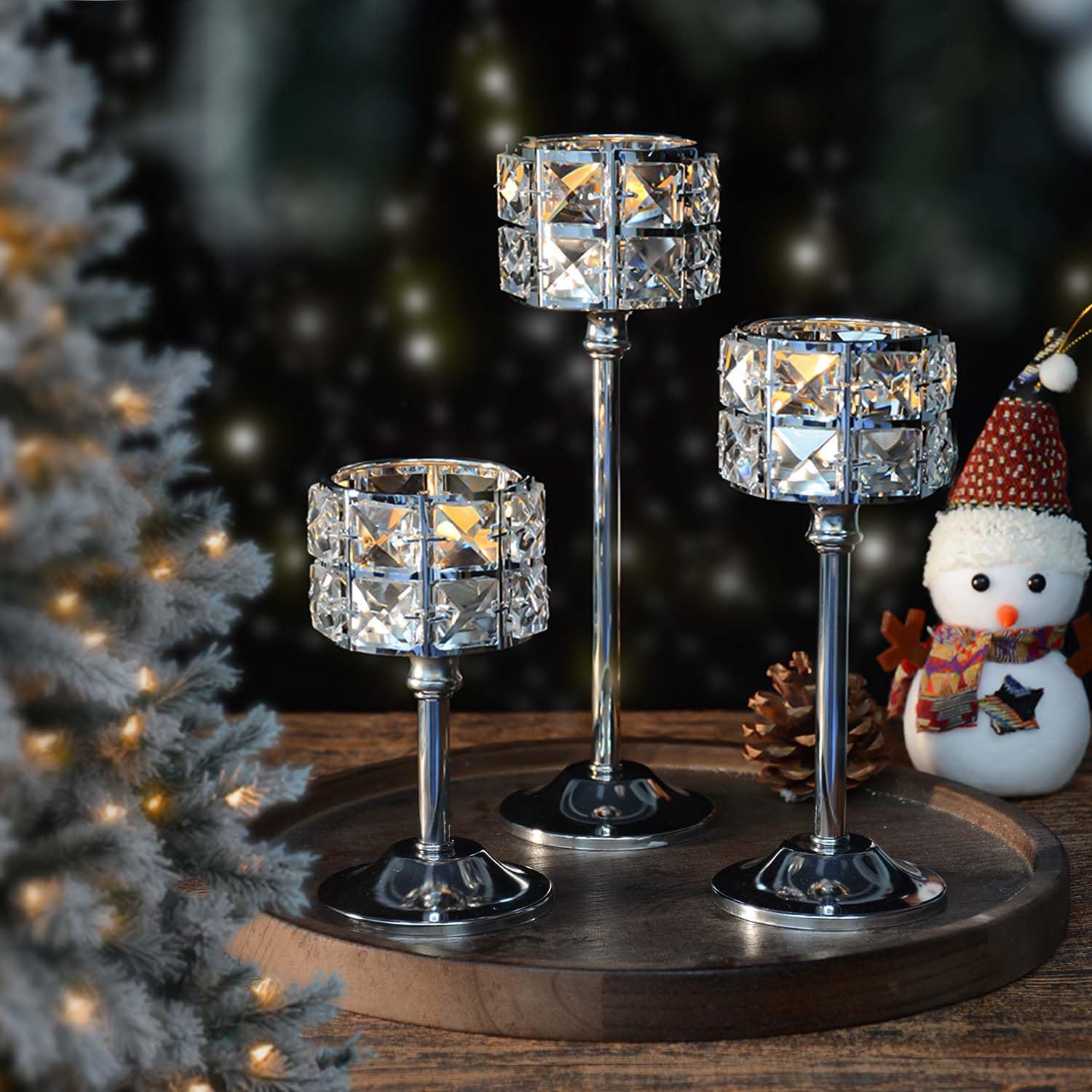 Crystal Metal Candle Holder, Square Crystal Beads Bling Tea Light Candlestick, Tall Votive Candelabra Elegant Centerpiece for Table Wedding Decoration, Home Decor (Silver, 4 Set (12pcs)