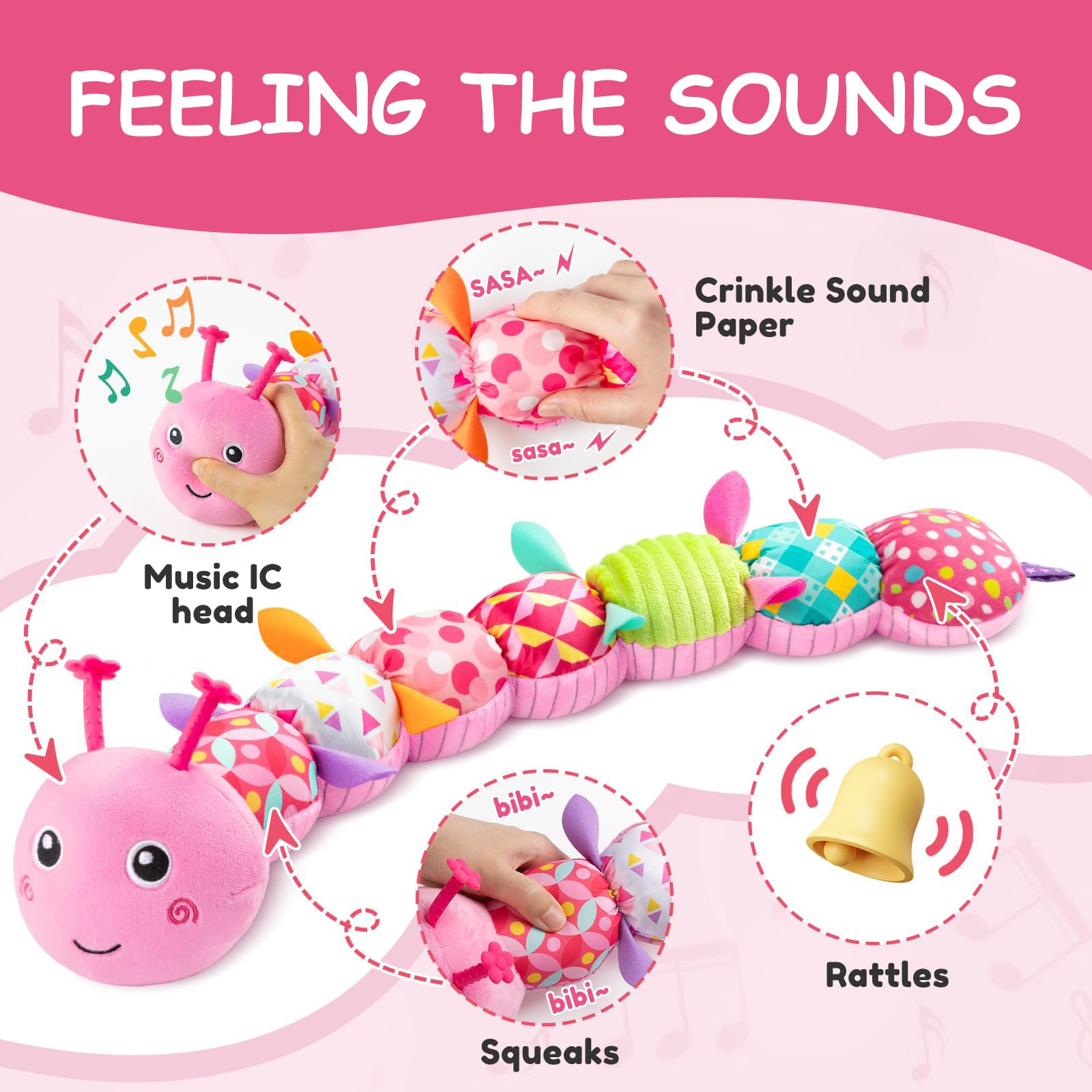 Baby Toys 0-6 Months, Plush Caterpillar Toy Sensory Activity for Tummy Time Soft Cuddle Cushion & Long Stuffed Animal - Image 3