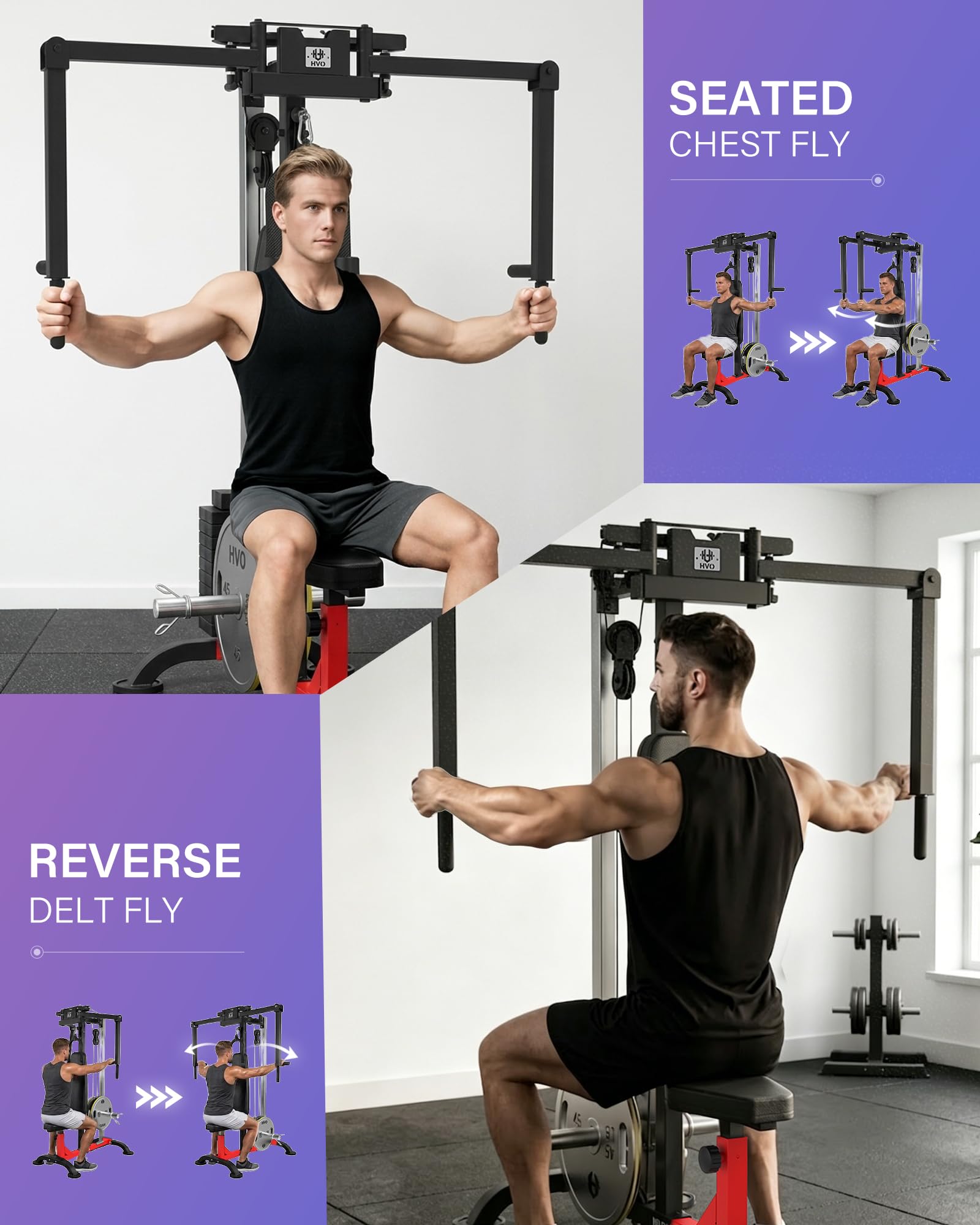 HVO Chest Fly Maschine 3 in 1 Brusttrainer Verstellbare Arme | Trainiert Brust und Rücken mit Fly und Reverse Fly Funktionen sowie individuell einstellbaren Armen für Zuhause