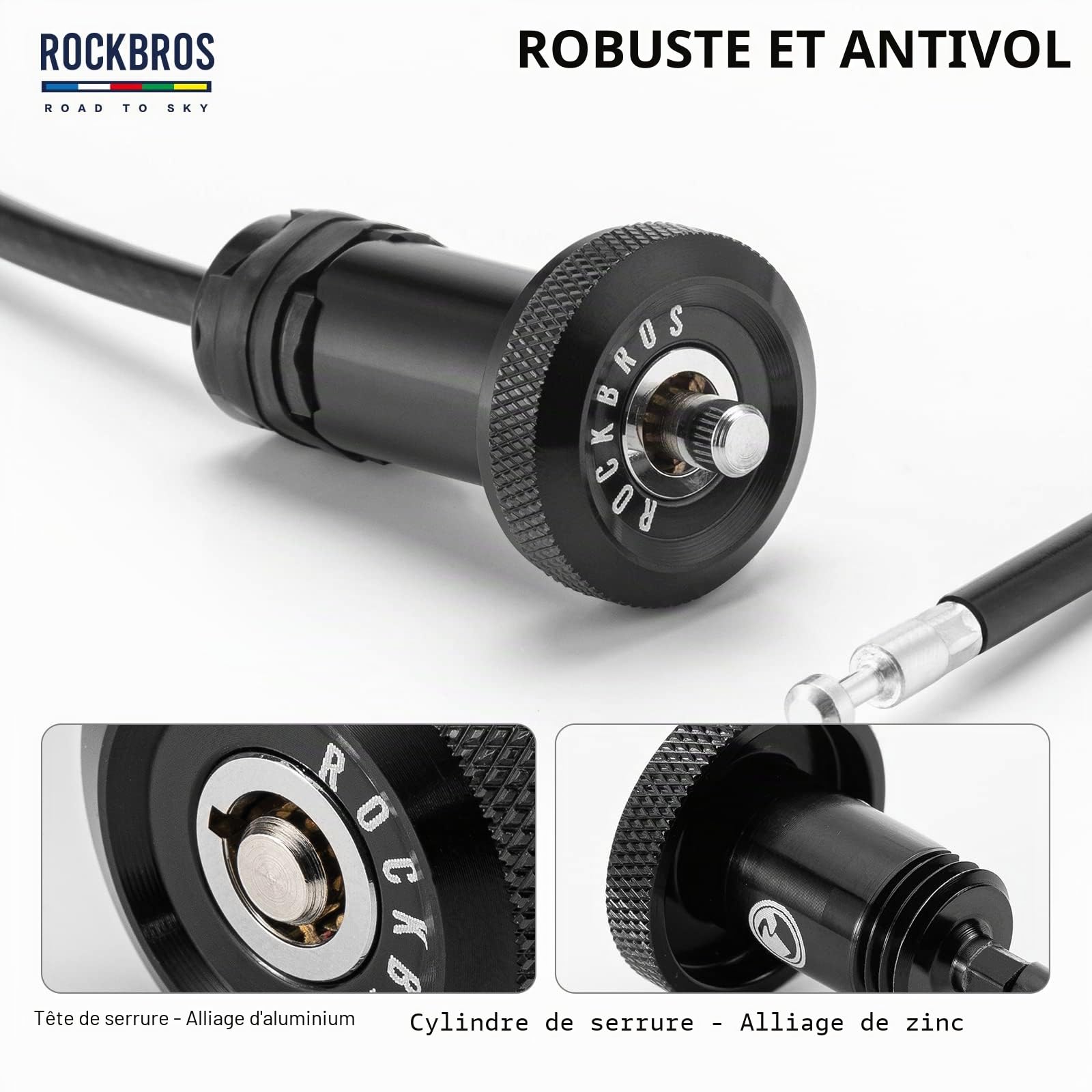 ROCKBROS Road to Sky Cable Antivol Vélo Embout de Guidon VTT Mini Antivol Casque Vélo Caché Portable Bouchon Serrure à Cable 2 en 1 Multifonctionnel Longueur 65cm Vélo de Route Vélo de Course Noir