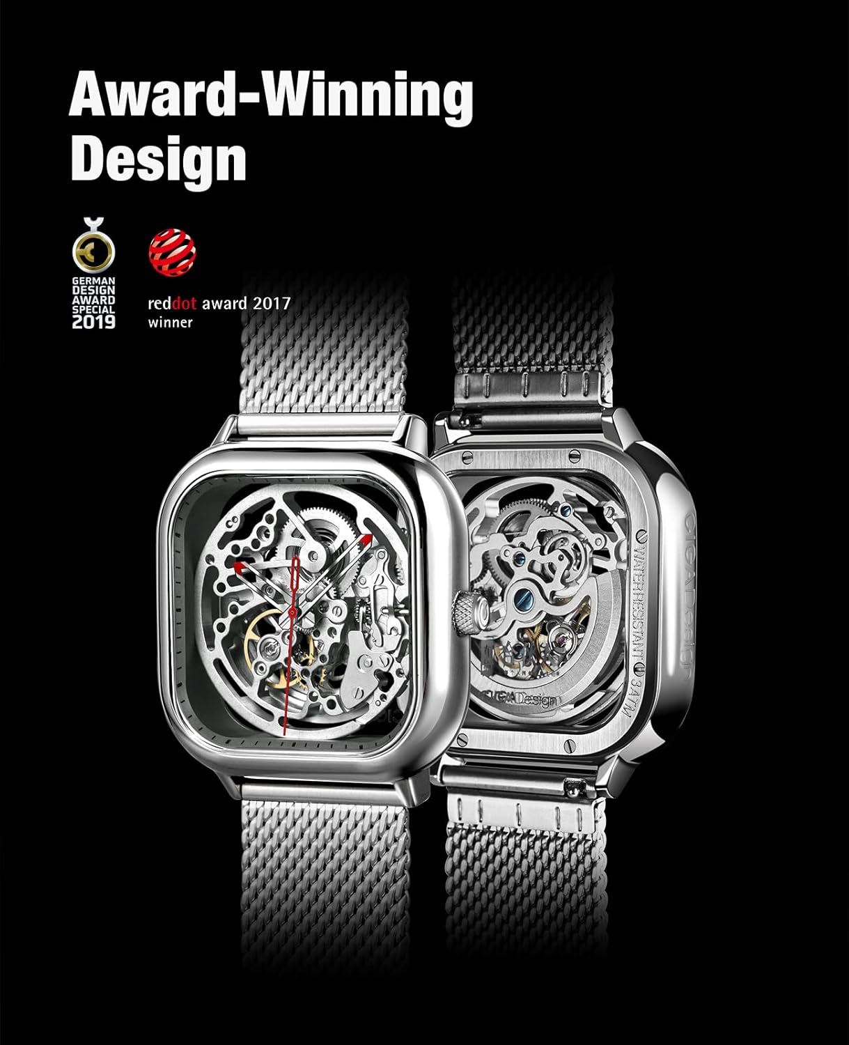 CIGA Design Orologio Automatico Uomo - C Series Orologio Donna 40mm da Polso Meccanico con Design Scheletro, Quadrato, con Cinturino in Milanese e Pelle CIGA Design Orologio Automatico Uomo - C Series Orologio Donna 40mm da Polso Meccanico con Design Scheletro, Quadrato, con Cinturino in Milanese e Pelle