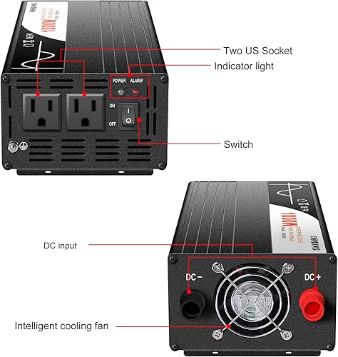 Miniatura 3 de Xijia Inversor de energía solar de onda sinusoidal pura de 1000 W, CC 12 V a CA, 120 V, 60 Hz, 2 salidas de corriente alterna para el hogar, RV,