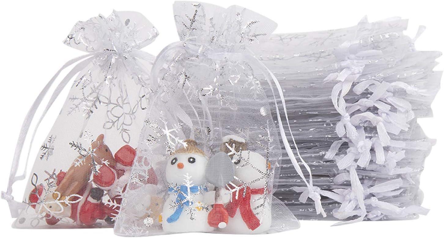 LOKIPA 50pcs Christmas Organza Gift Bags, 9 cm * 12 cm Small Christmas Organza Drawstring Pouches Wedding Jewelry Bags