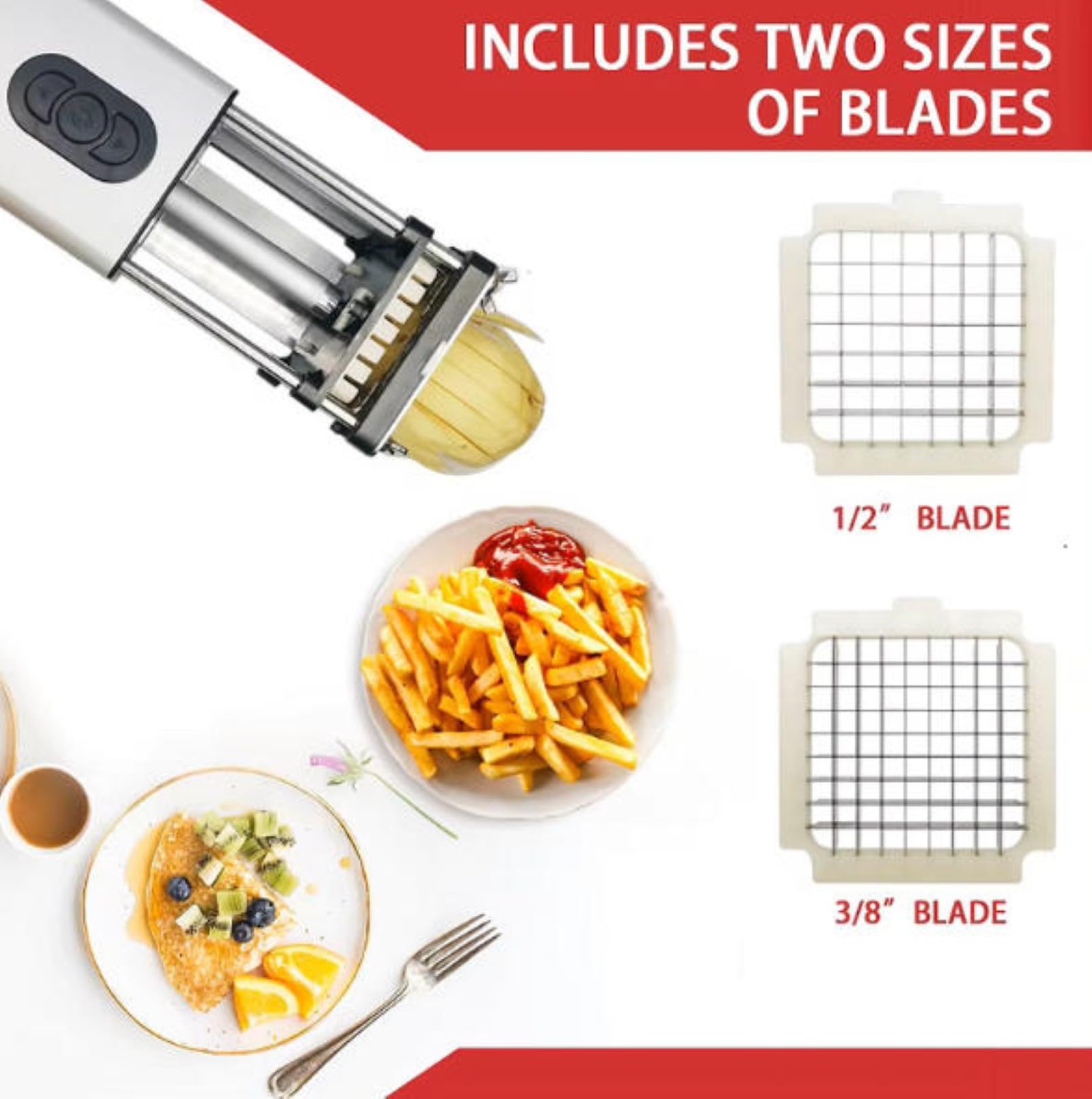 Tagliaverdure elettrico per patate, carote, cetrioli con lame da 1/2 e 3/8", ideale per patatine fritte, spicchi, strisce di verdure