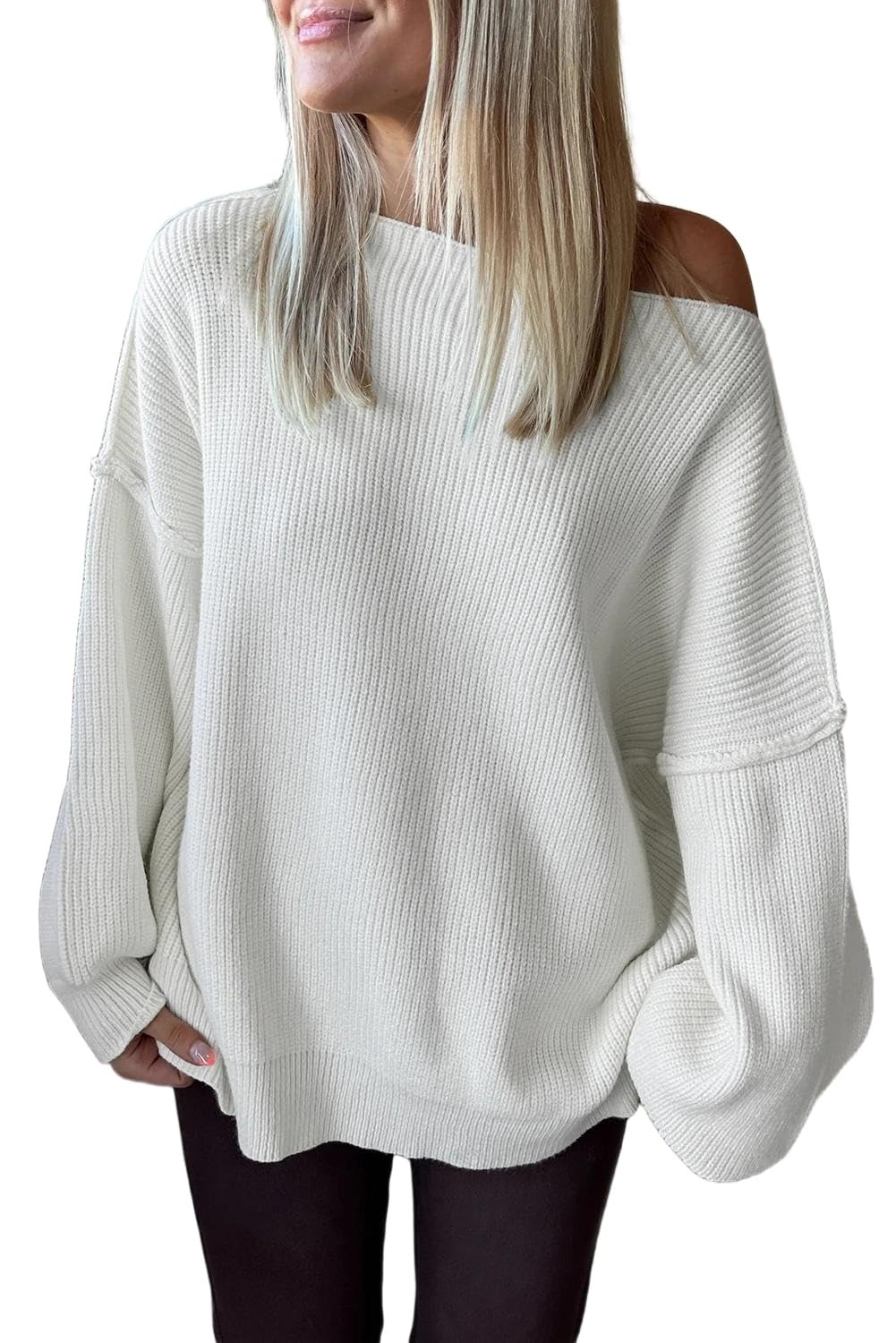 Apvirdy Asymmetrical Neck Off The Shoulder Sweater for Women Solid Drop Shoulder Long Sleeve Slouchy Oversized Sweaters