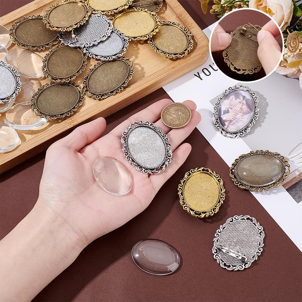 PH PandaHall 18Sets Cabochon Brooch Setting 3 Styles Oval Blank Bezel Tray with Glass Cabochons 51x40mm Vintage Brooch Pins Cabochon Frame Photo Pins Base for Wedding Christmas Jewelry Making